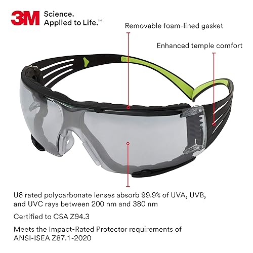 Miniatura 2 de 3M - Lentes de seguridad SecureFit, ANSI Z87, antiarañazos, para interior y exterior, lentes tipo espejo, marco verdenegro, varillas flexibles,