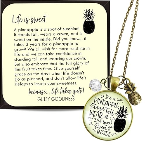 Pineapple Necklace Stand Tall Tropical Boho Style Bronze Jewelry for Women Chain 24" - Handmade Glass Hawaiian Inspirational Quote Pendant,