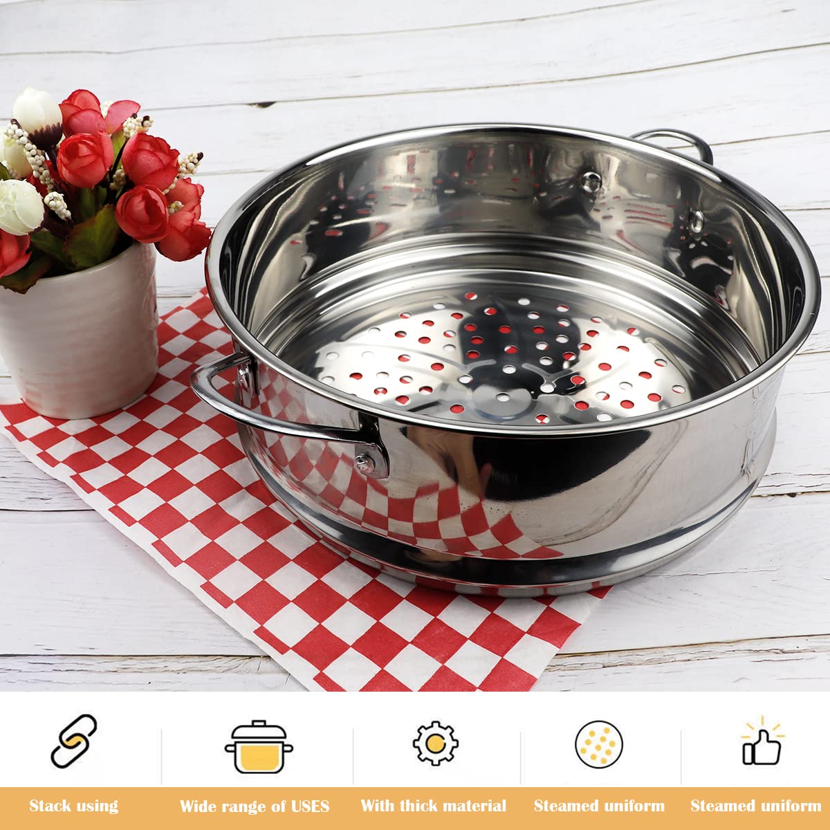 Olla de vapor de acero inoxidable, redonda de 8.6 pulgadas con estante de cocina y cesta de vapor de alimentos para cocina Dim Sum Dumplings Bun (plata, 22 cm)