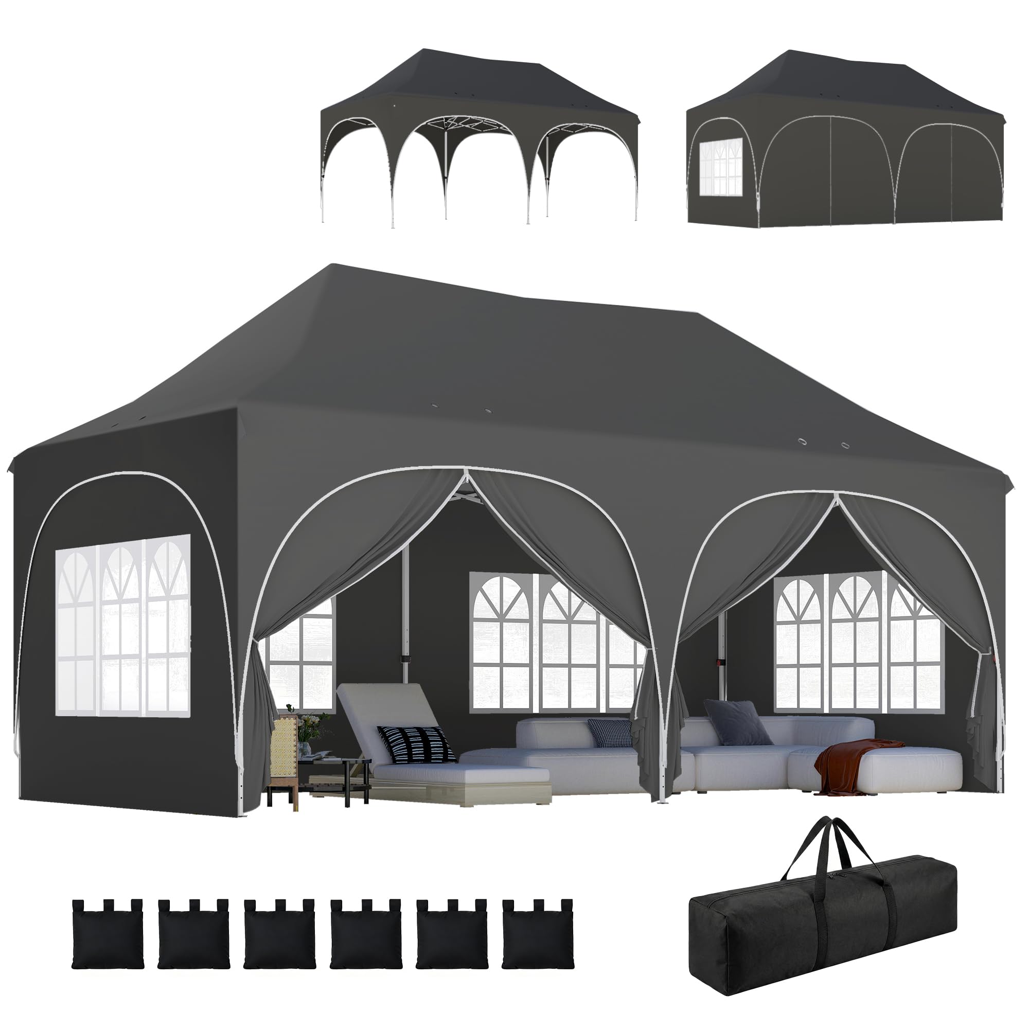 Outsunny Tonnelle Pliante 3x6m Imperméable Anti-UV 6 Parois 6 Sacs Gris