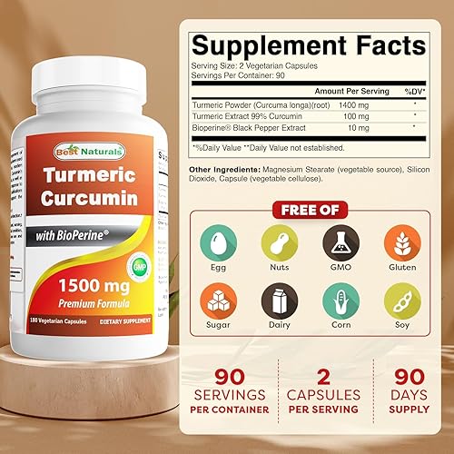 Miniatura 2 de Best Naturals Curcumina de cúrcuma 1500 mg/porción con bioperina - 180 cápsulas vegetales