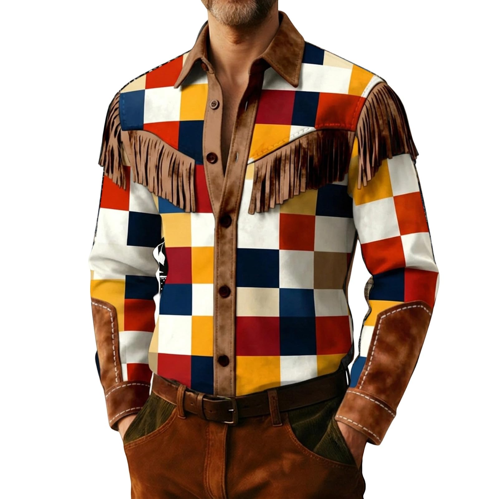 Caxndycing Cowboy Outfit Men's Western Cowboy Shirts Suede Colourful Fringe Jacket Long Sleeve Button Down Long Sleeve Work Shirts Fringe Shirt Hippie Jacket Cowgirl Outfits, Multicoloured, S