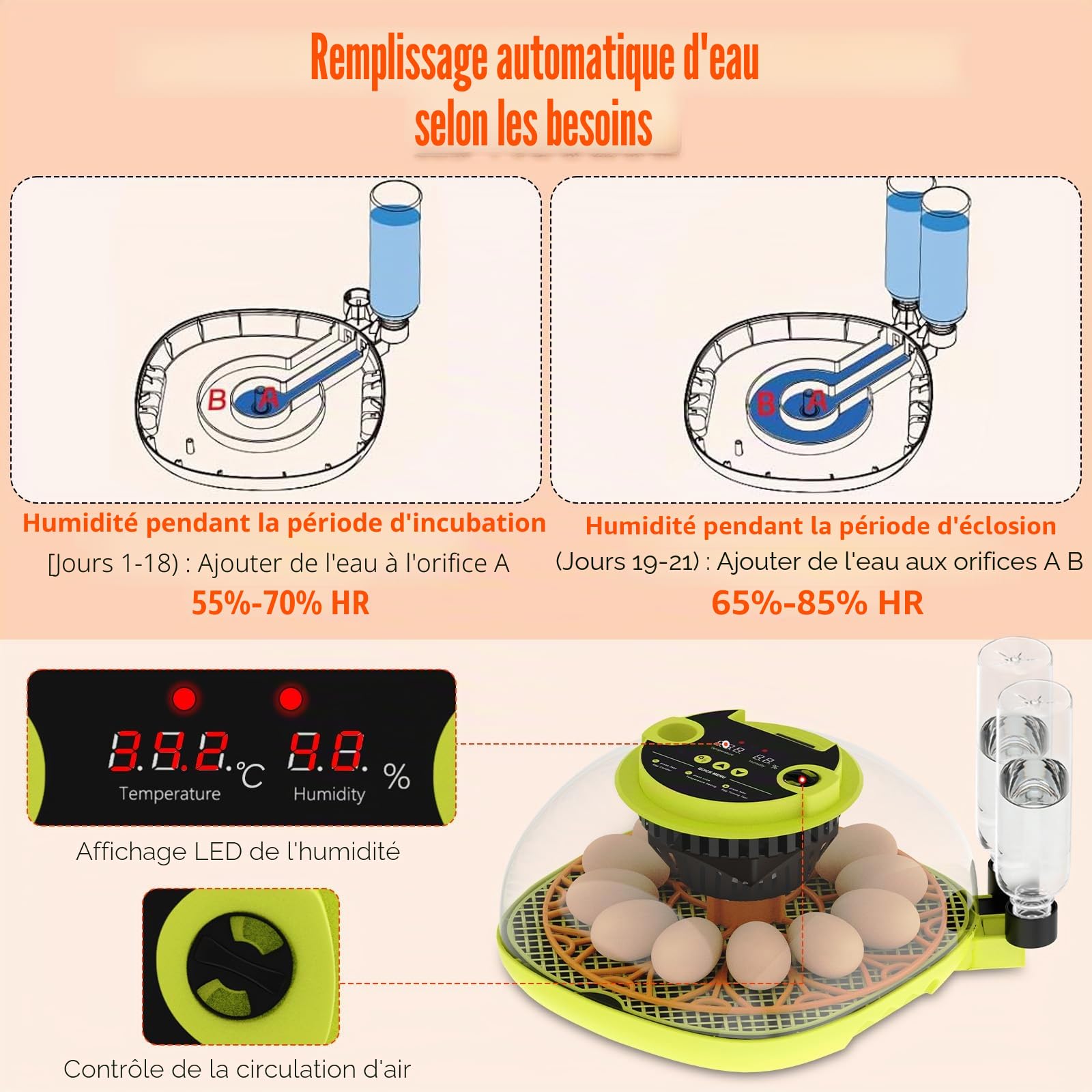 Couveuse Oeuf Automatique 12 Œufs, avec Alimentation en Eau, Retourneur Œufs Automatique, Contrôle Température et Humidité, Testeur Œufs, Vision à 360°, pour Poules, Cailles et Canards (B)