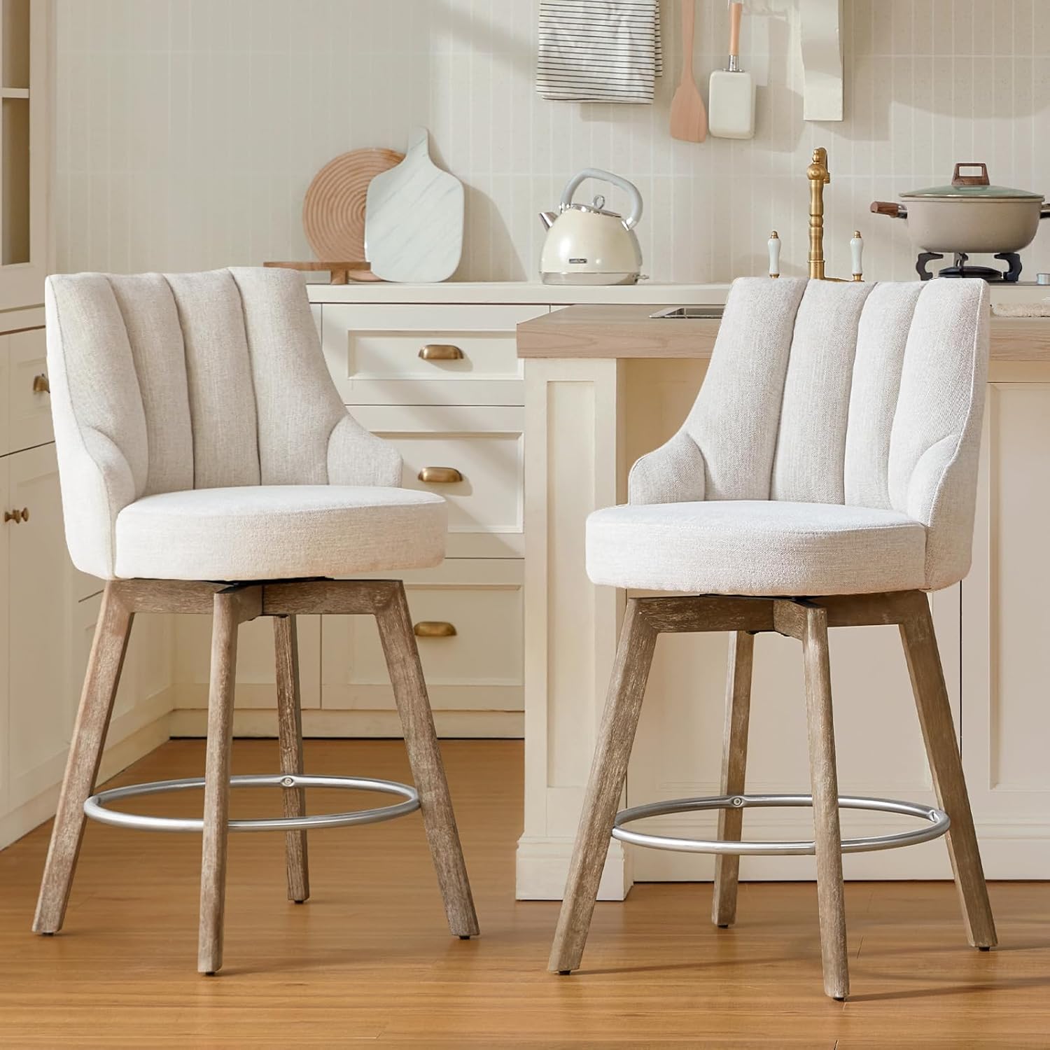 Swivel Counter Height Bar Stools,Barstools with Backs,Beige-Colored Bar Stools Set of 3,26'' Solid Wood Legs,Linen Fabric Thickened Seat Cushion Bar Stools