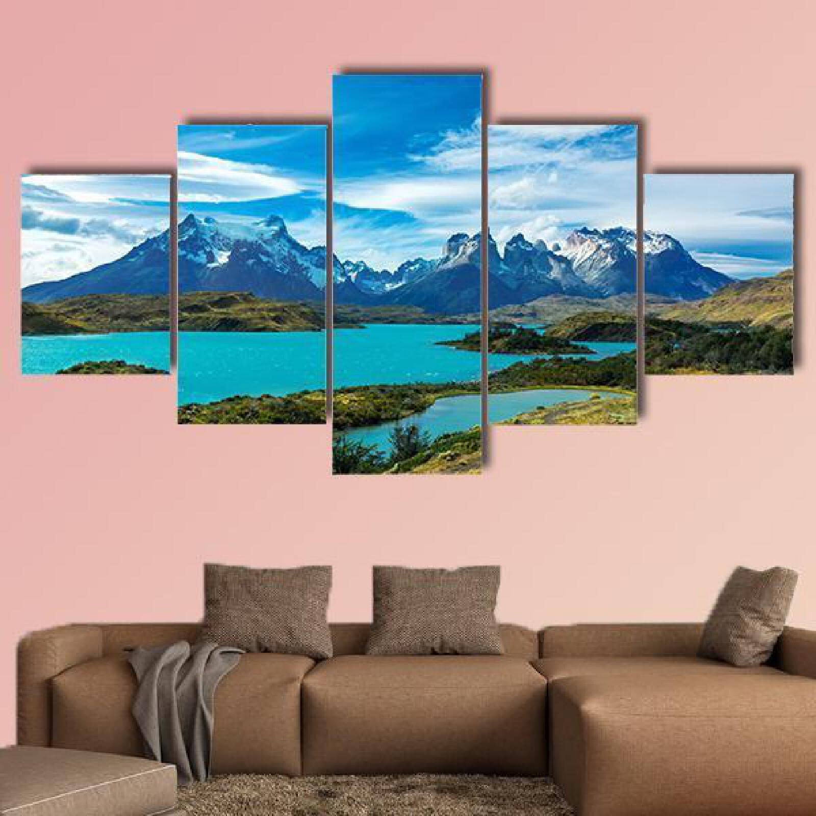 5 Panels Canvas Painting Wall Art Decor 5 Piece Wall Art Pehoe Lake and Guernos Mountains Posters and Prints Framed and Stretched Ready to Hang for Modern Home Living Room Bedroom Decoration