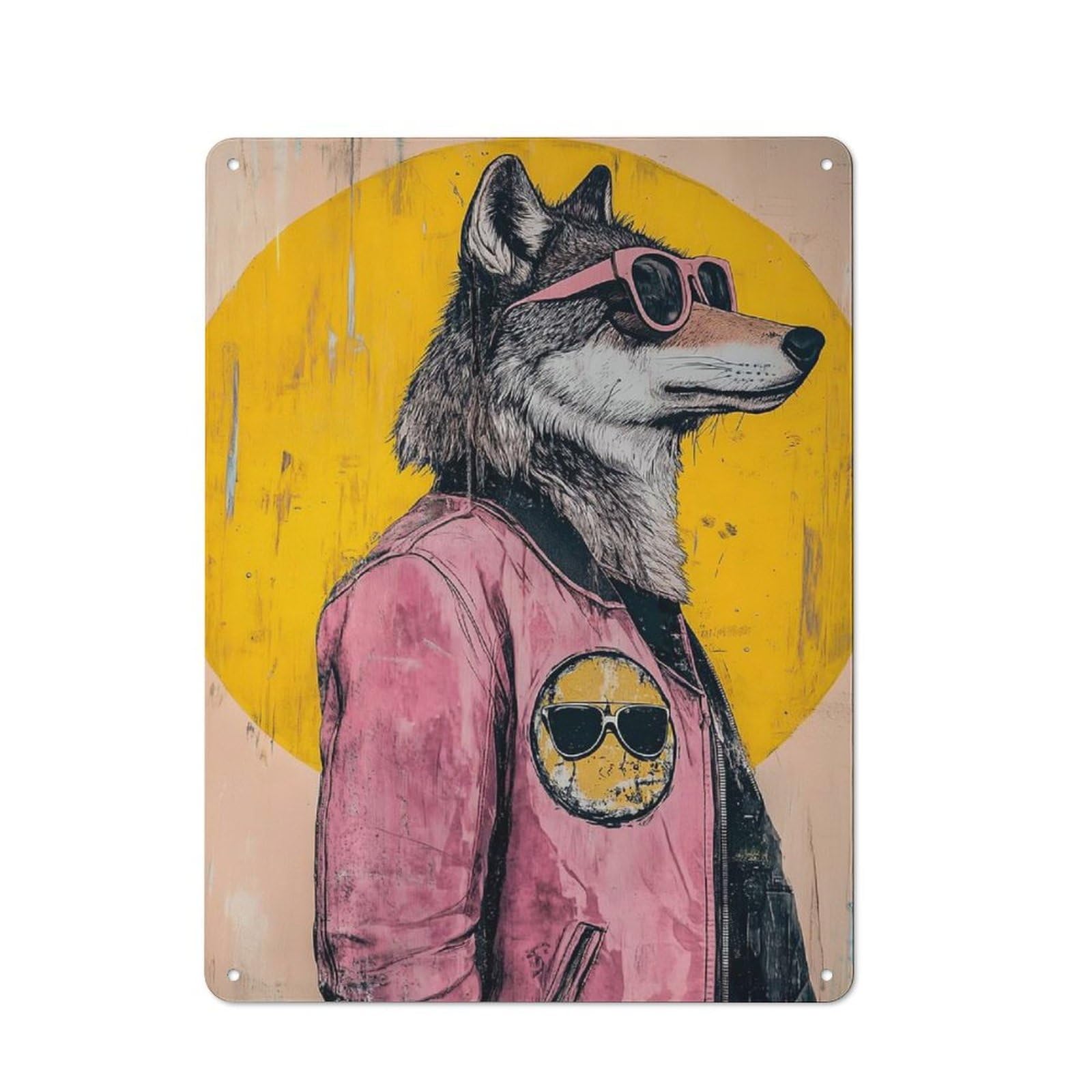 Metal Wall Sign 40x30cm Featuring Wolf in Sunglasses for Café Or Restaurant, A Decorative Metal Sign for Cafés And Restaurants