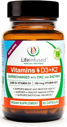 Life Infused Vitamina D3 + K2 sobrecargada con zinc y enzimas, ayuda a mantener un sistema inmunológico saludable, salud ósea, bienestar emocional,