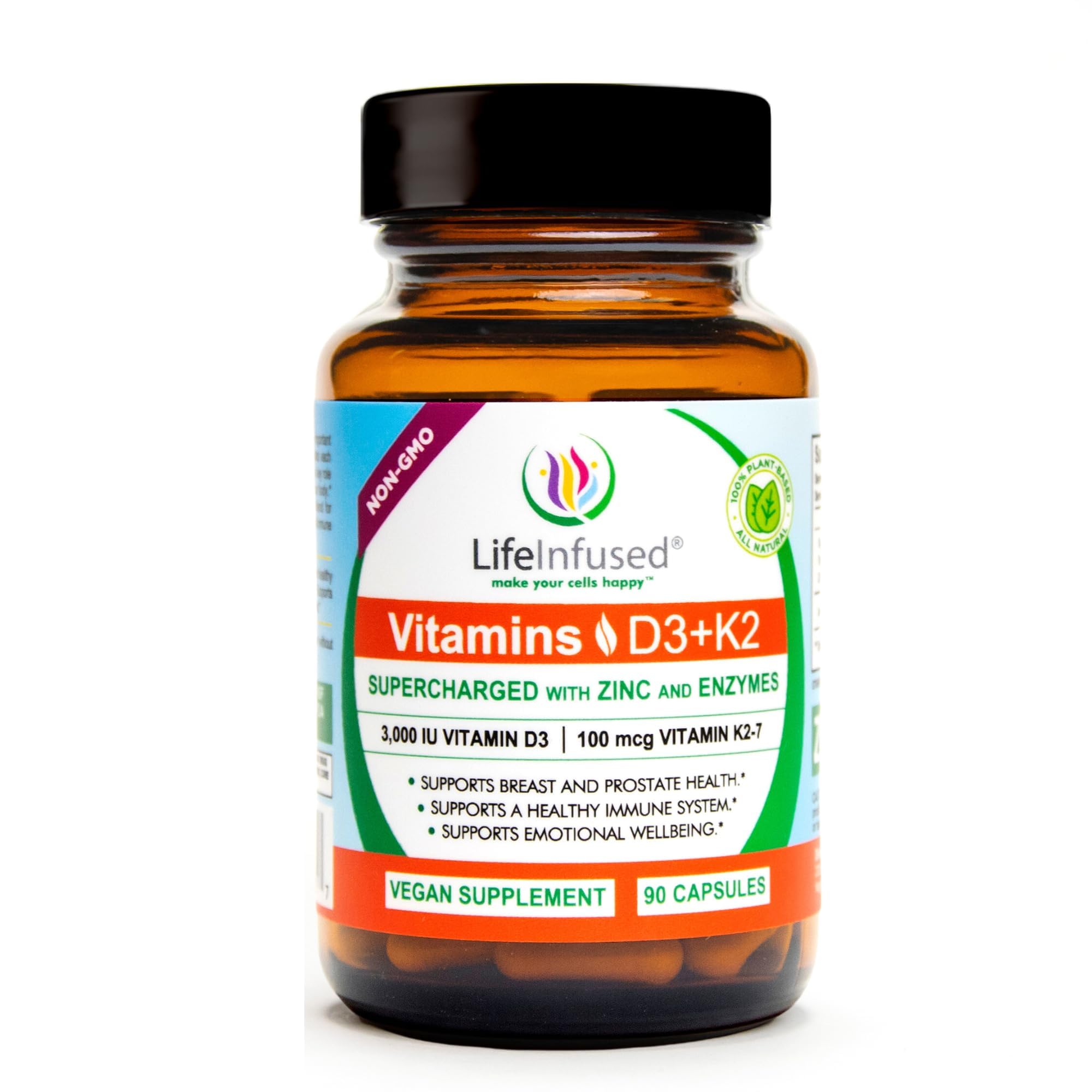Vitamin D3 + K2 Supercharged with Zinc and Enzymes, Help Maintain Healthy Immune System, Bone Health, Emotional Wellbeing, 90 Capsules.