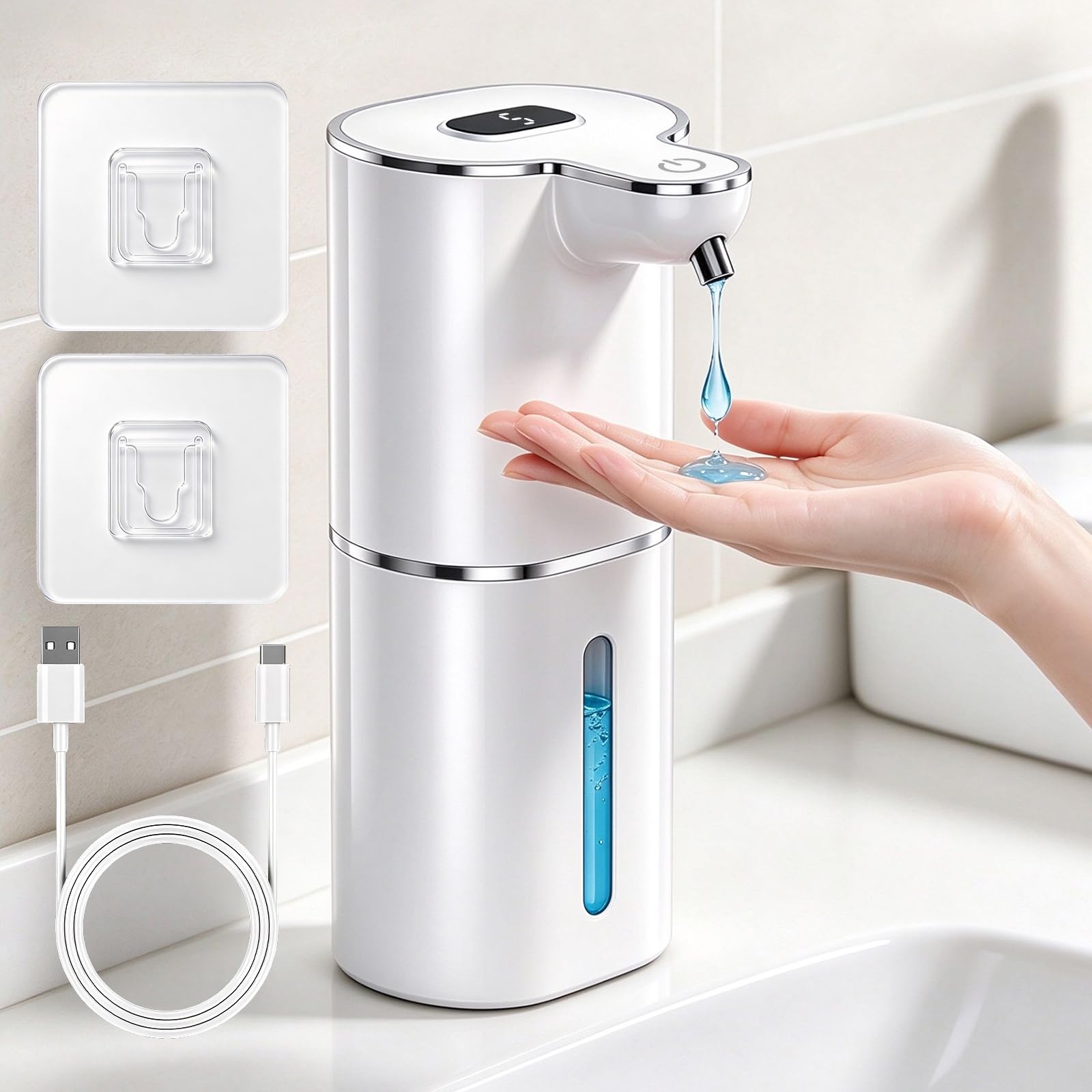 Seifenspender Automatisch, Elektrischer Seifenspender Sensor Weiß Gel | No Touch Seifenspender 6 Dosierstufen, Wandmontage, USB Wiederaufladbar, IPX5 Wasserdicht für Bad, Küche und Toilette