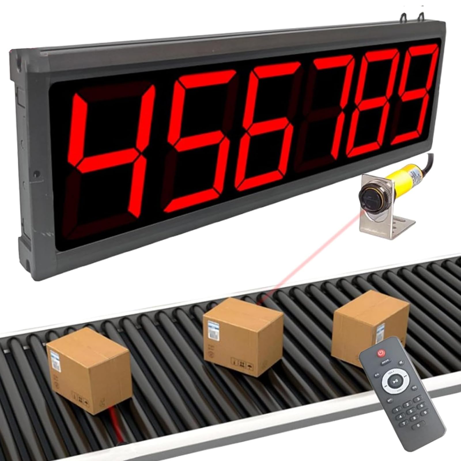 Wsexyy Led Digital Counter, 3-inch LED Display Counter, 70M Sensing Distance, 0-999999 Count Range, with Remote Control, for Conveyor Belts and Production Lines