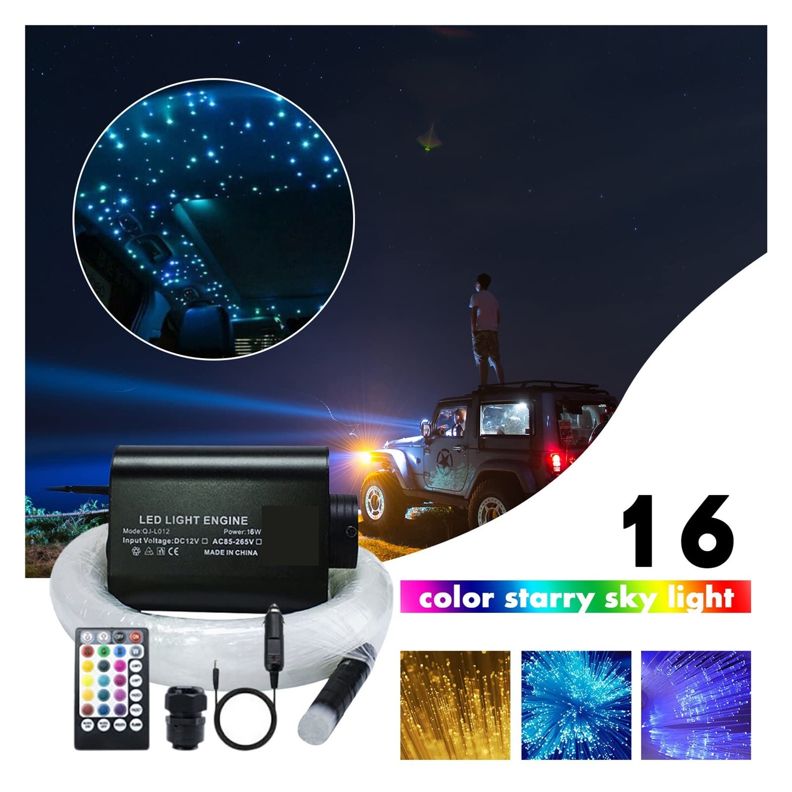 DC12V 16W ​​RGBW LED Samochód światłowodowy gwiazda światła dachu gwiaździsta niebo otoczenia lampa dekoracja wnętrza z muzyką bluetooth Aplikacja Kontrola Wysoka Wydajność(150PCS 75mm 2M)