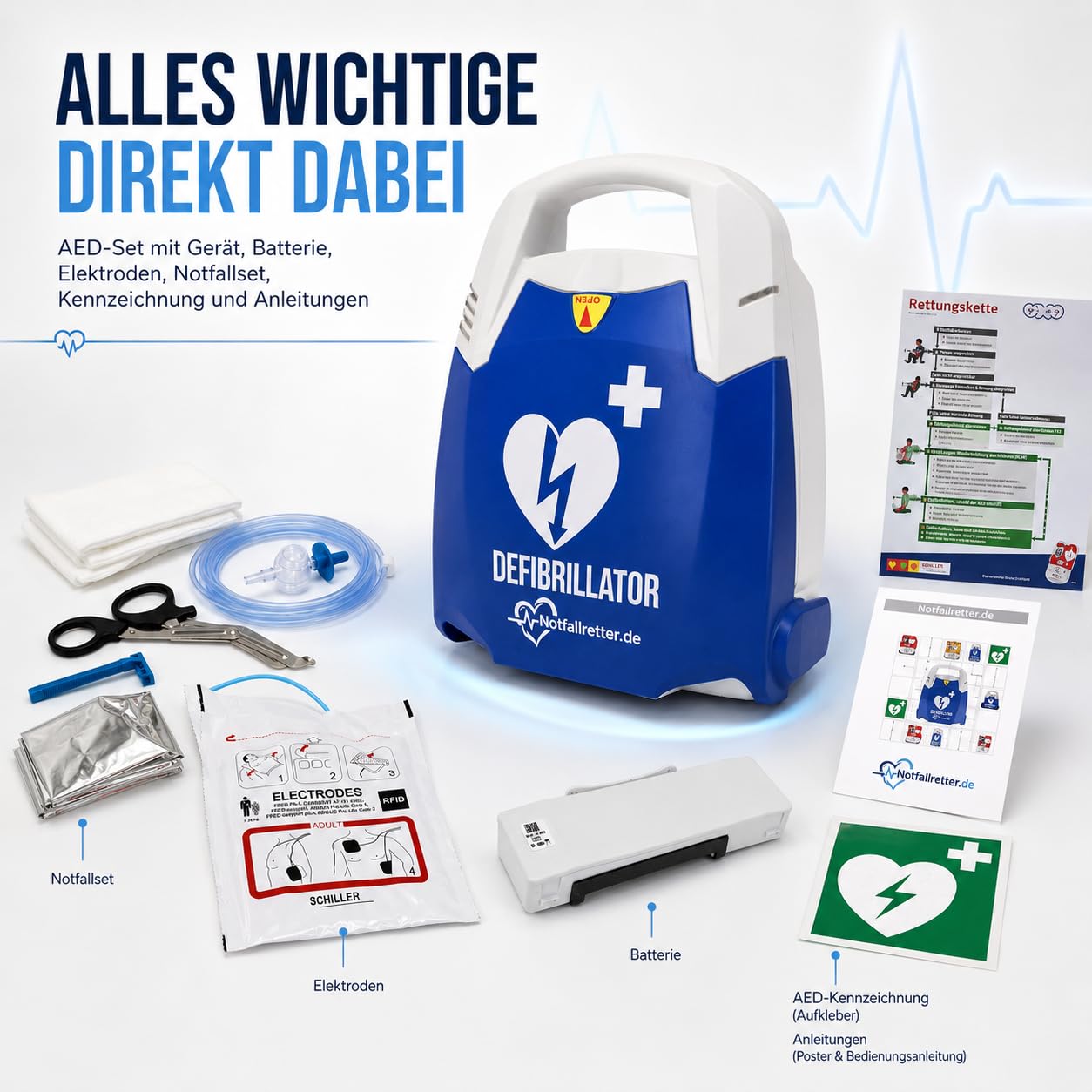 AED Defibrillator Vollautomat, Defibrillator für Zuhause [10 Jahre Garantie] mit Erste Hilfe Set, Autostart, 6 J. Batterie, Defibrillator für Betrieb, Verein & Praxis, Notfall Ausrüstung First Aid Kit