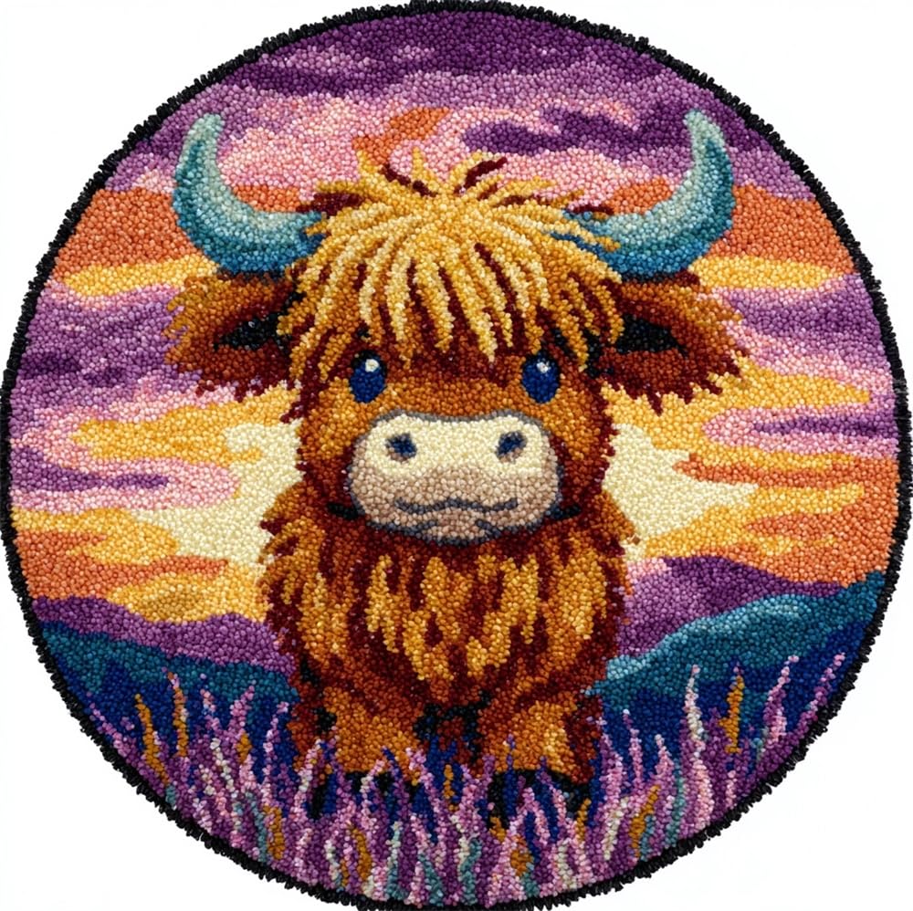 kitphoenix Latch Hook Kits for Adults Sunset Highland Cow Cub