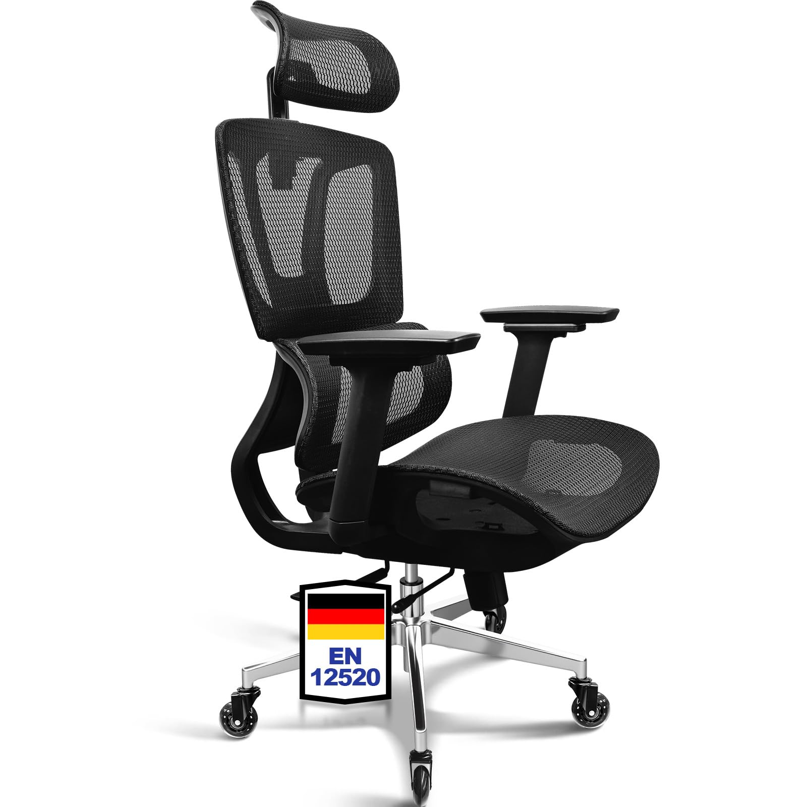 MELOKEA Ergonomiczne krzesło biurowe z siatki, podparcie lędźwiowe, biuro domowe | Podłokietniki 4D, regulowane siedzisko, 4-stopniowe leżenie, oddychające, gumowe kółka