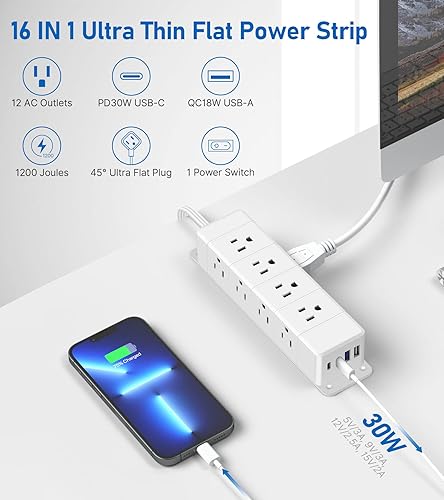 Miniatura 2 de Regleta de alimentación USB C de 30 W, regleta de alimentación de escritorio de 4 salidas laterales con enchufe plano ultrafino, carga rápida PD, 2