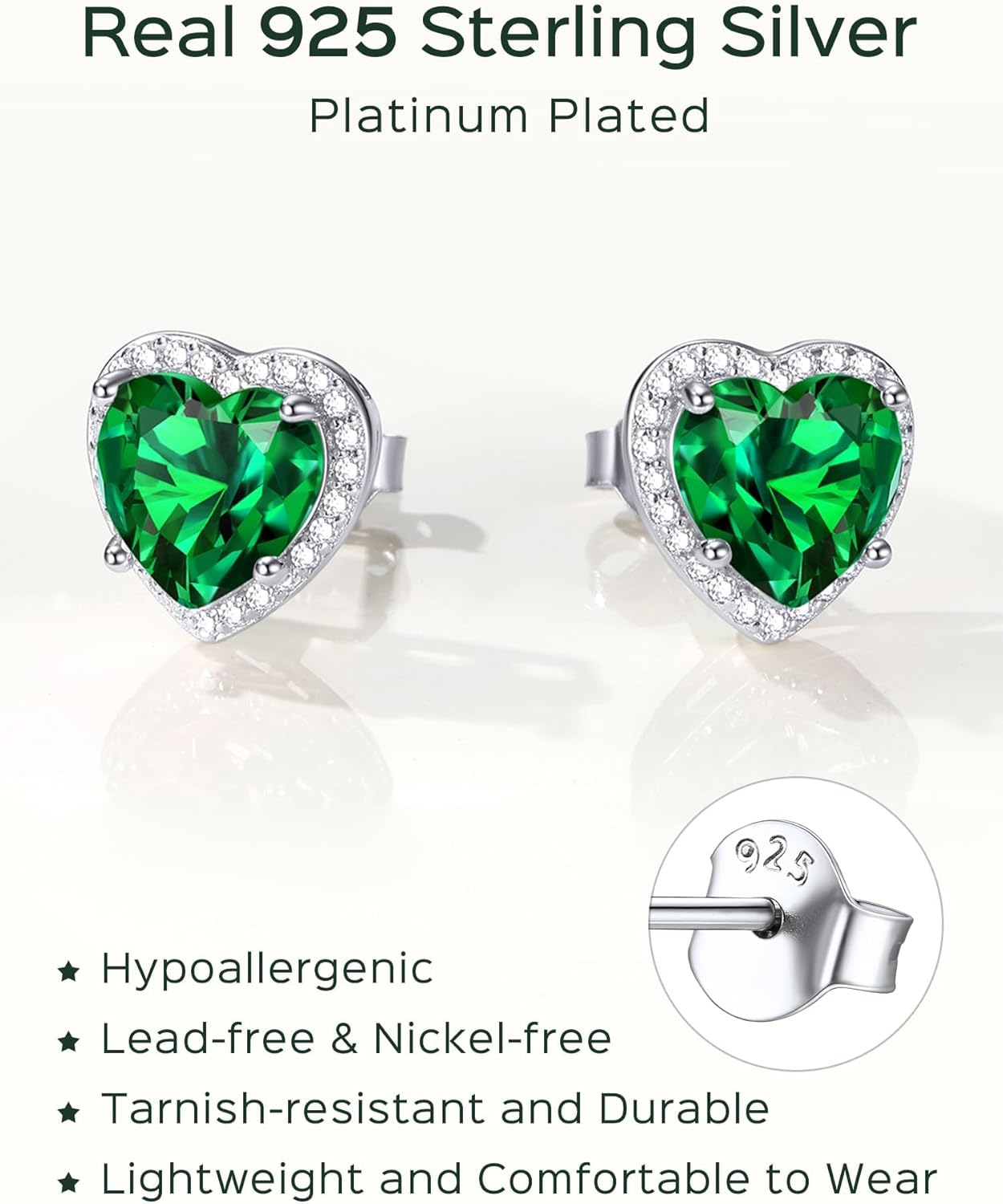 ChicSilver 925 Sterling Silver Birthstone Earrings for Women, 8MM/2 Carat Heart & Round Cubic Zirconia Stud Earrings, Hypoallergenic Jewelry, Ideal Birthday or Christmas Gifts - Image 4