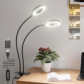LED Desk Lamp with USB Adapter, Eye-Caring Gooseneck Ring Light, 3 Modes 10 Brightness Adjustable 10W Desk Light for Makeup Reading Bed Headboard (Metal)