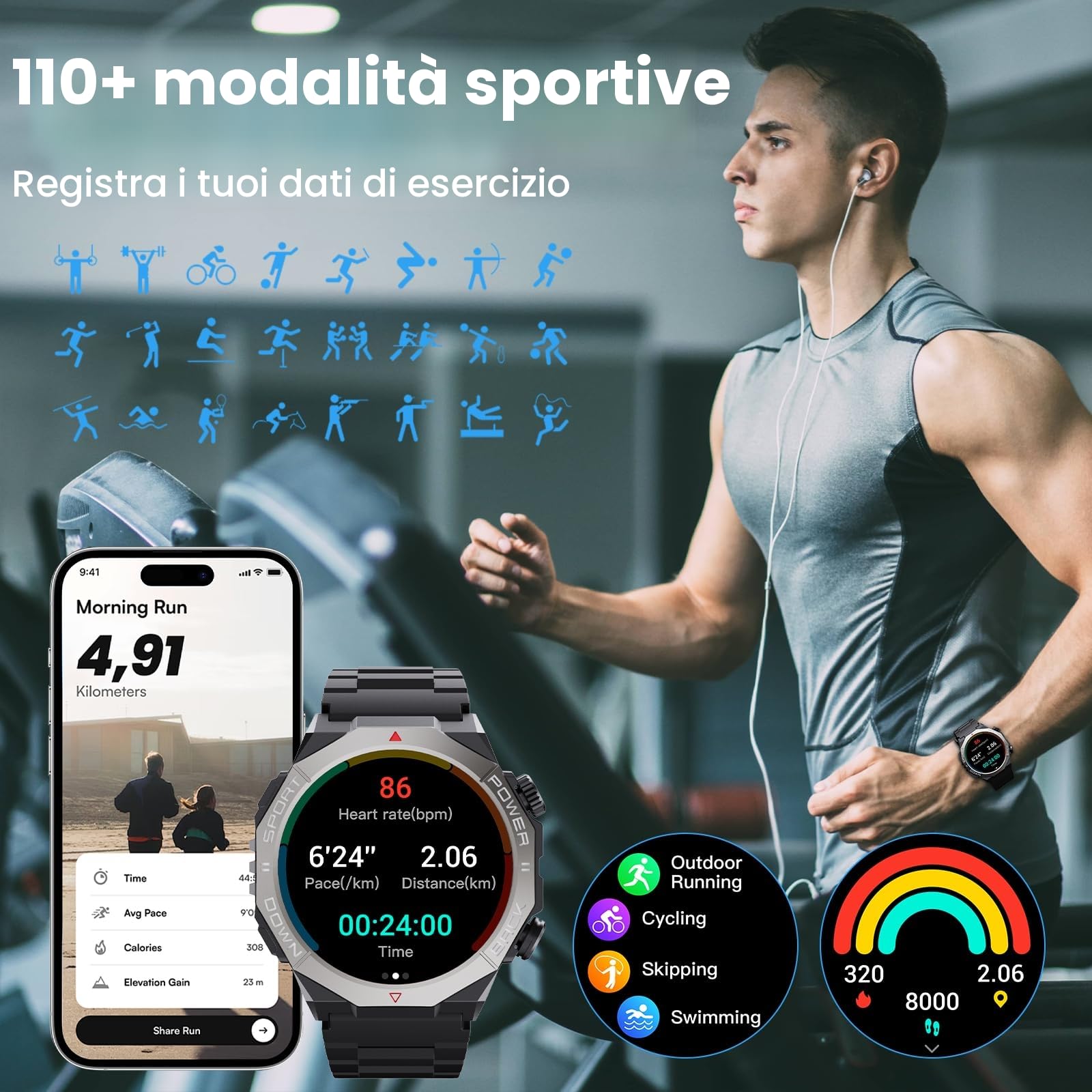 Smartwatch Uomo Donna con Effettua o Risposta Chiamate, 1.39" Orologio Smartwatch Contapassi/Cardiofrequenzimetro/Sonno, 110+ Modalità Sportivo Fitness Tracker, IP68 Smart Watch per Android iOS, Nero
