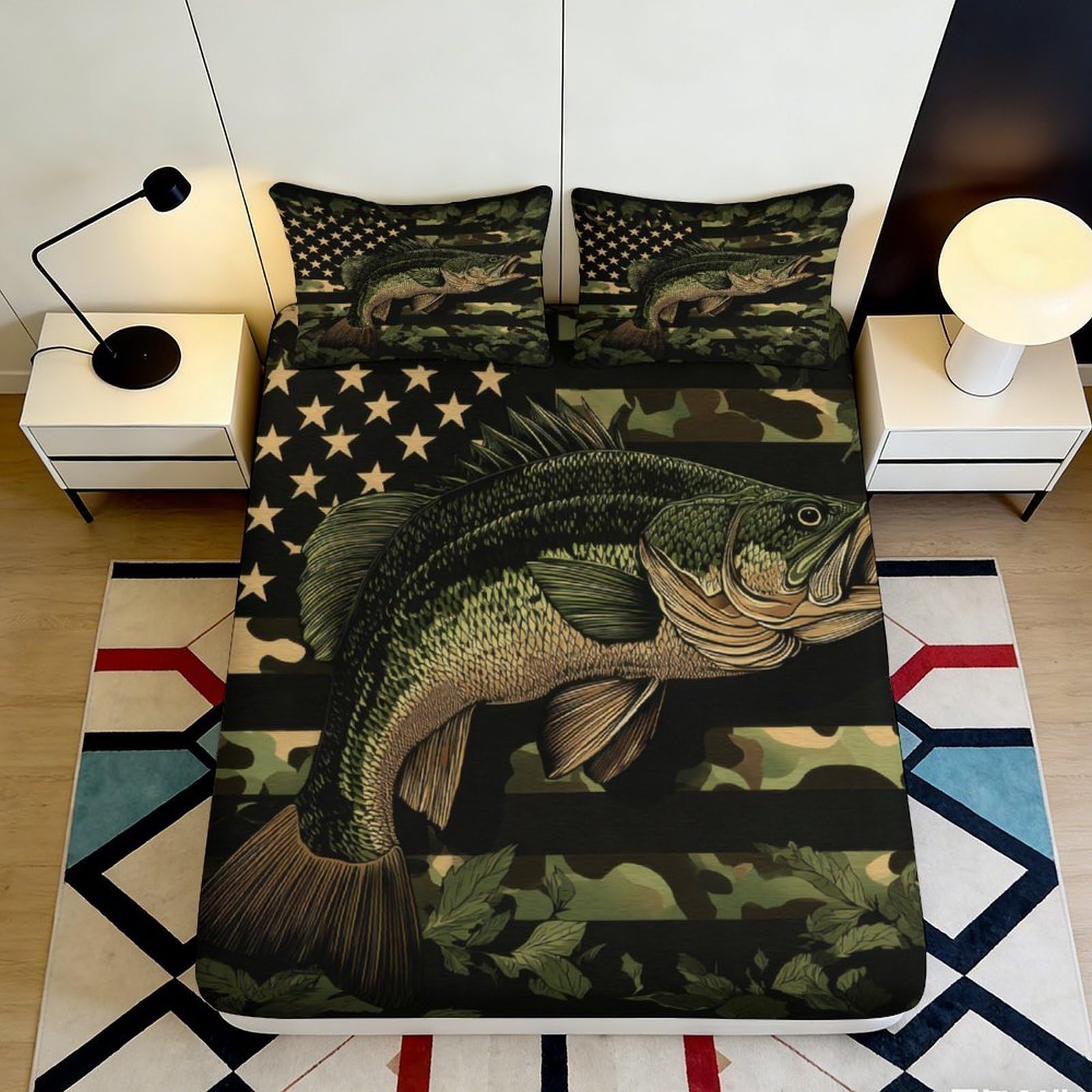 Jqzkxnhpbr Style-7 3D Printed Largemouth Bass American Flag Fitted Sheet Microfiber Soft Breathable Lake Pattern Bed Cover Decor 90X200x25cm
