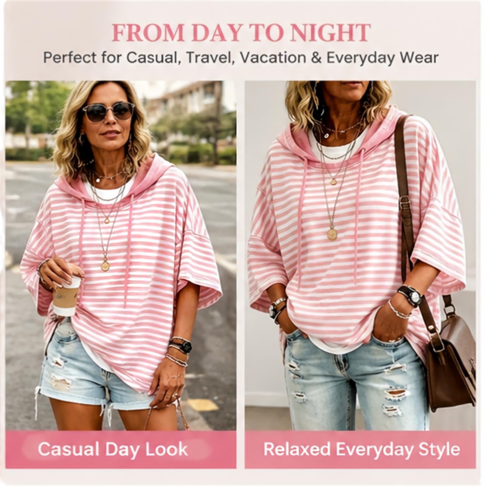 Bluzy z kapturem dla kobiet ze sznurkiem w paski 3/4 rękaw pulower bluza | Miękkie, lekkie, na co dzień z długim rękawem, topy z kapturem z odkrytymi ramionami, jesienne modne ubrania 2026