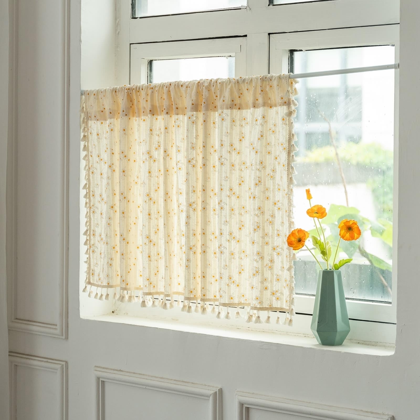 Wycian Tenda Oscurante Beige Piccola Tenda Giallo 1 Tende Cotone Fiori Pompon 140L X 80H Cm Elegante Premium Aggiornamento 3.0
