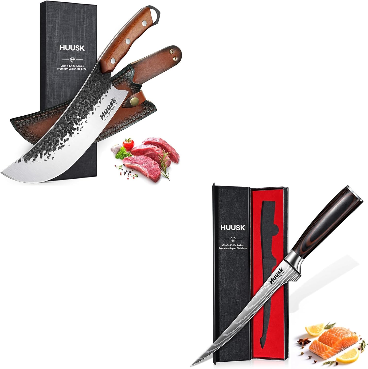 Huusk Filet Knife for Fish - 7 Inch Fish Fillet Knife Bundle with a Butcher Knife for Meat Cutting,Flexible Boning Knives for Meat Cutting, Professional Japanese Fishing Knives for Meat Poultry Cut