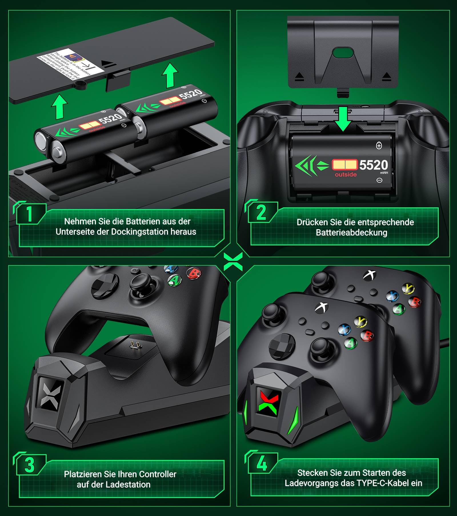 Stazione di ricarica per Xbox One Battery Pack con 2 batterie ricaricabili da 5520 mWh per Xbox One/Xbox Series X/S Elite, doppia stazione di ricarica per controller Xbox One con 4 copribatteria per