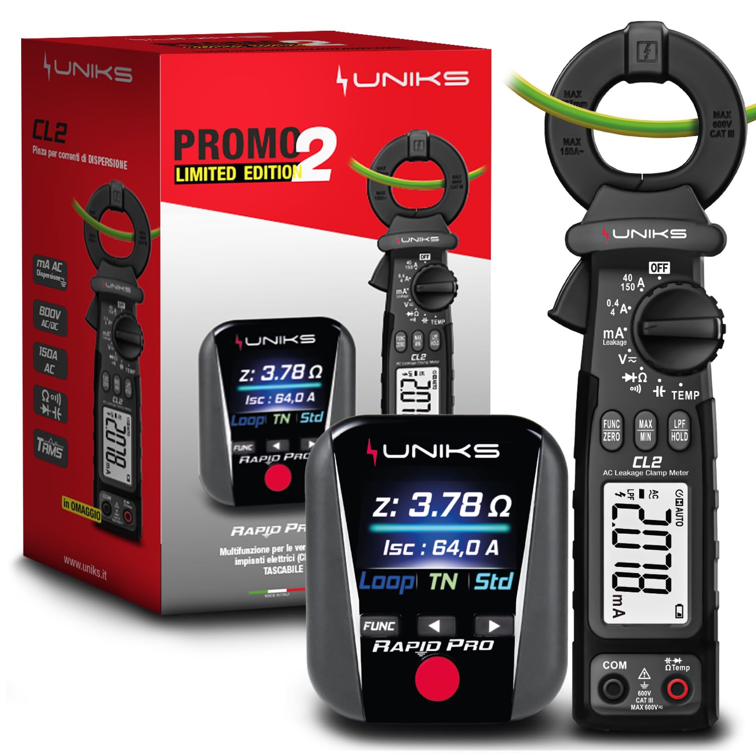 UNIKS RAPIDPROEDITION2 CL2 + RapidPRO - Szczypce amperometryczne do dyspersji i profesjonalnego testera RCD, ziemi i gniazd, multimetr TRMS AC/DC