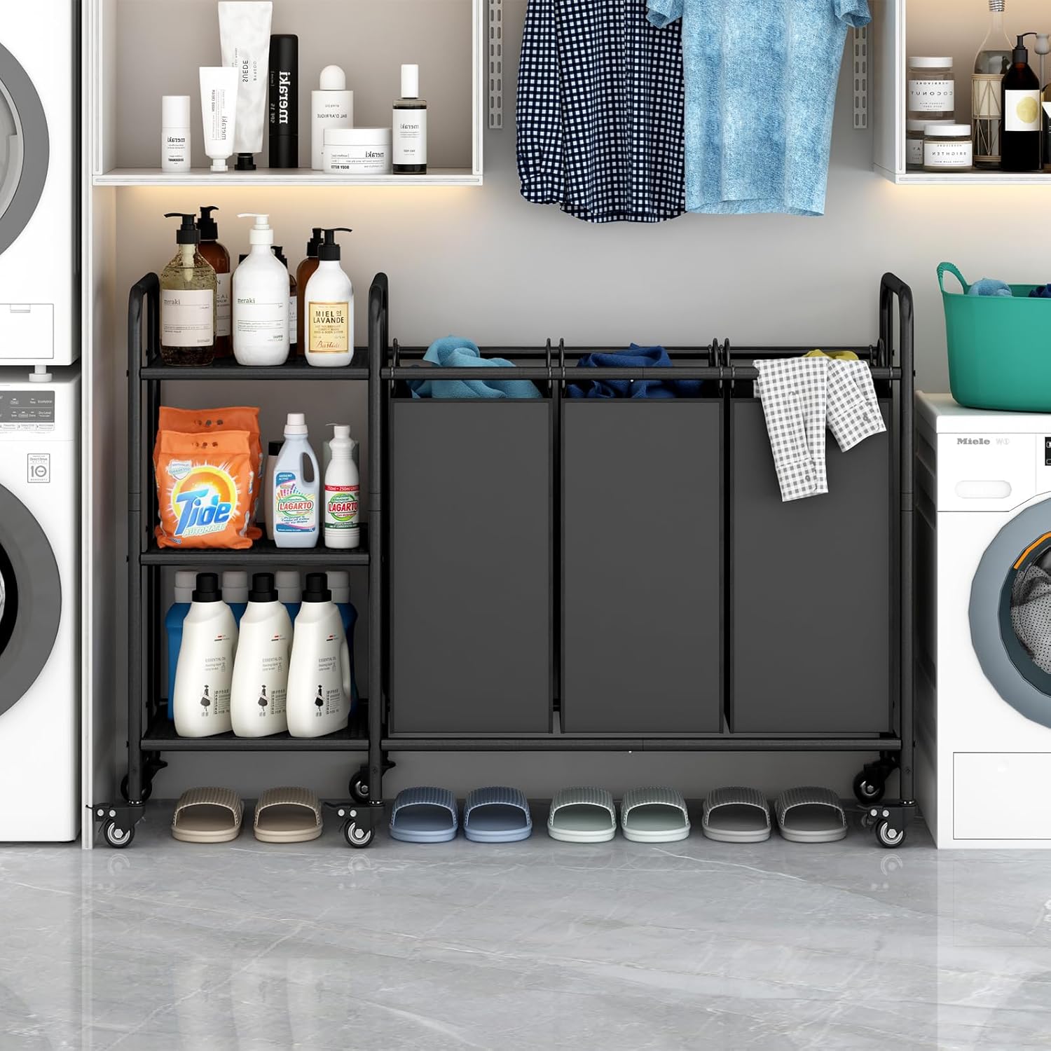 Black Iron 3-Bag Laundry Sorter with Wheels and Storage Shelf
