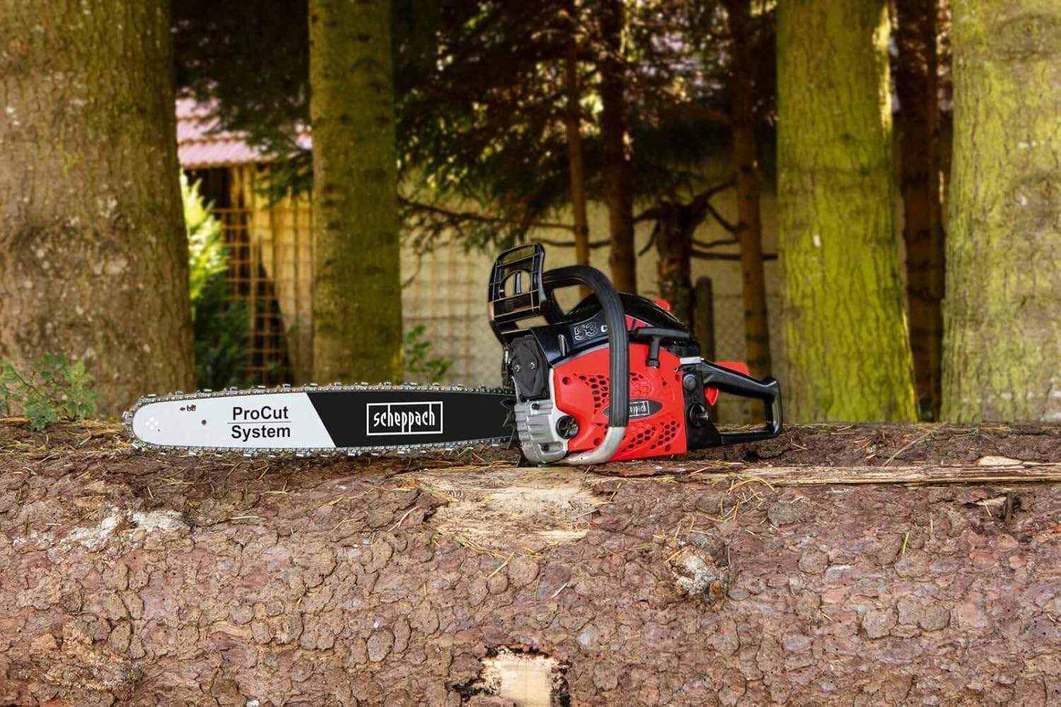 Scheppach CSP530S Chainsaw on a Log