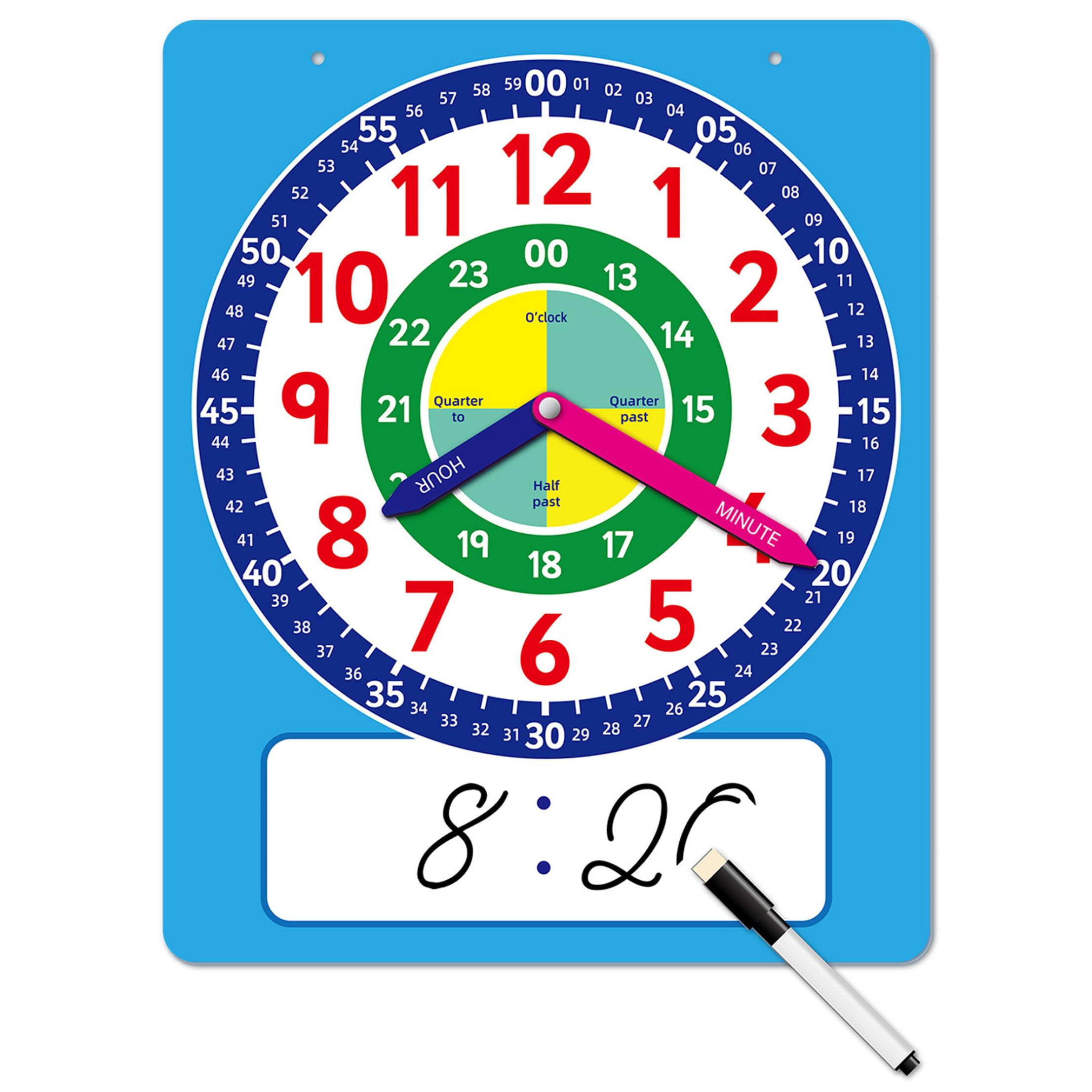 Tapallmy Learning Clock Teaching Clocks For Kids With Movable Hands Write & Wipe Practice Clock To Learn Time For Kids With Writing Pen Blue