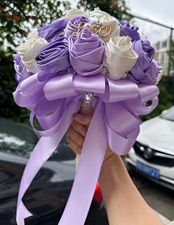 Sharebeauty 7.1 Inch Handmade Satin Rose Bridal Bouquet Toss Round Wedding Bouquet Throw Toss Artificial Flower Bunch Bright Lavender + Ivory