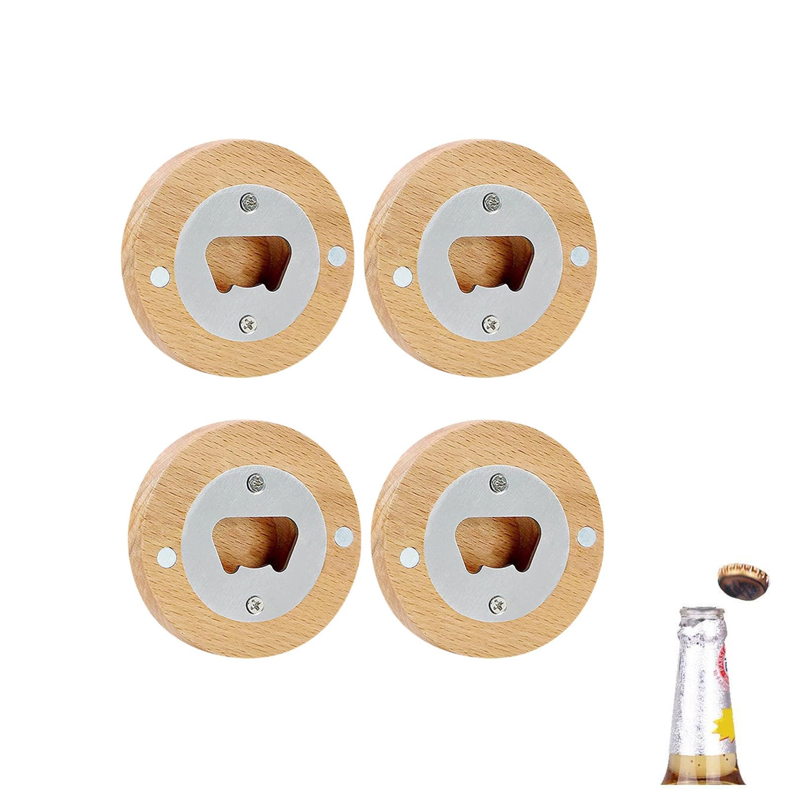 Lot De 5 Décapsuleurs Magnétiques En Bambou Rond 6cm - Aimantés Pour Réfrigérateur