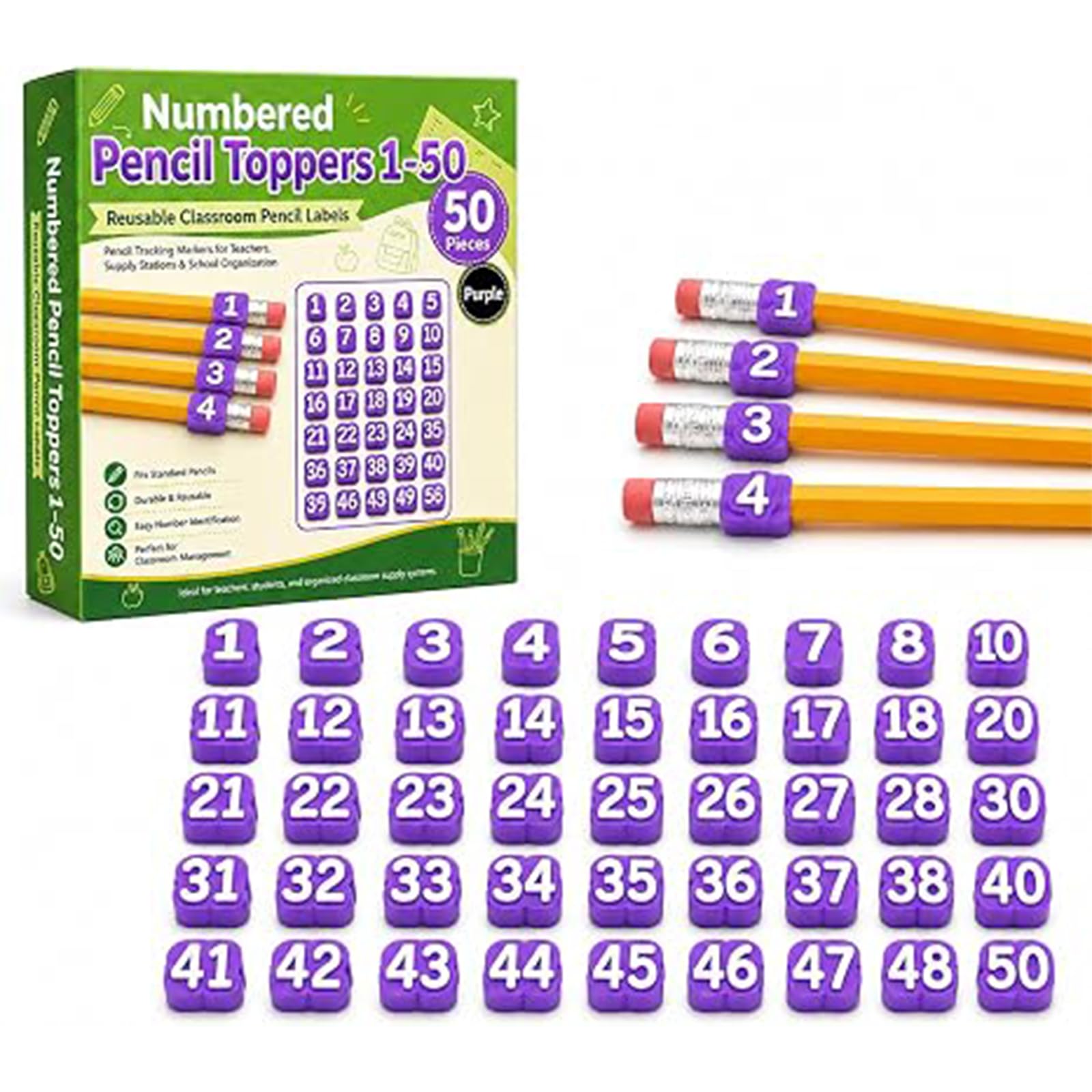 20/30/50 Pcs Numbered Pencil Toppers, Reusable Classroom Pencil Labels for Supply Tracking Station & Organization, Classroom Management Must Haves for Teachers (Purple, Number 1-50)