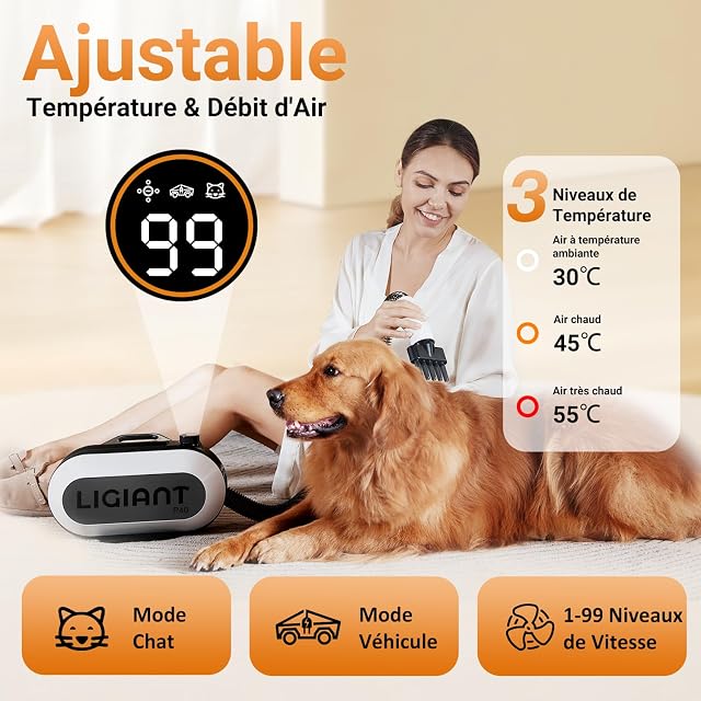 Foto 6 de 7 de LIGIANT P40 Secador de Pelo para Perros, Ultra Silencioso (40 dB Modo Gato), 3 Boquillas en 1