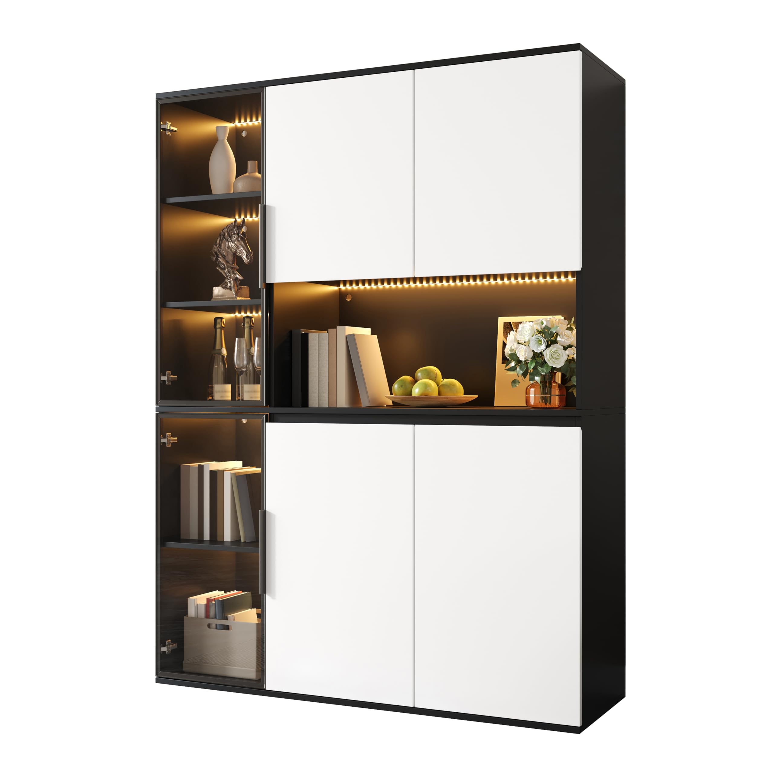 Armadietto alto, 120 x 40 x 160 cm, effetto nero e bianco, elementi in vetro, vetrina, credenza, corpo in MDF, spazioso, armadio per sala da pranzo