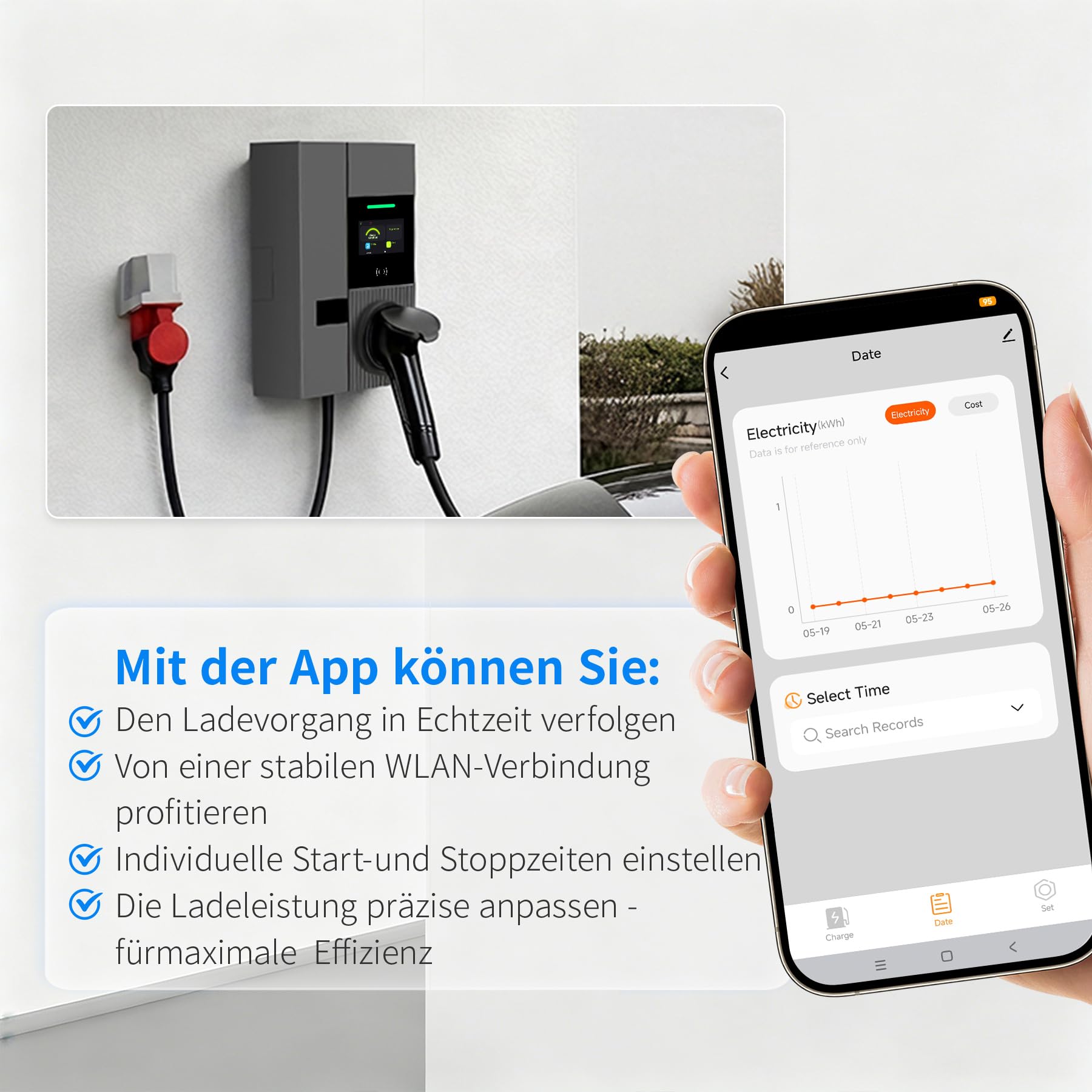 Wallbox 11kW with App & RFID - Wall Box with CEE Plug, 3-Phase Type 2 EV Charger 400V, 6-16A, Electric Car Charging Station for BEV PHEV ID.3/4/5/7 Model 3/Y
