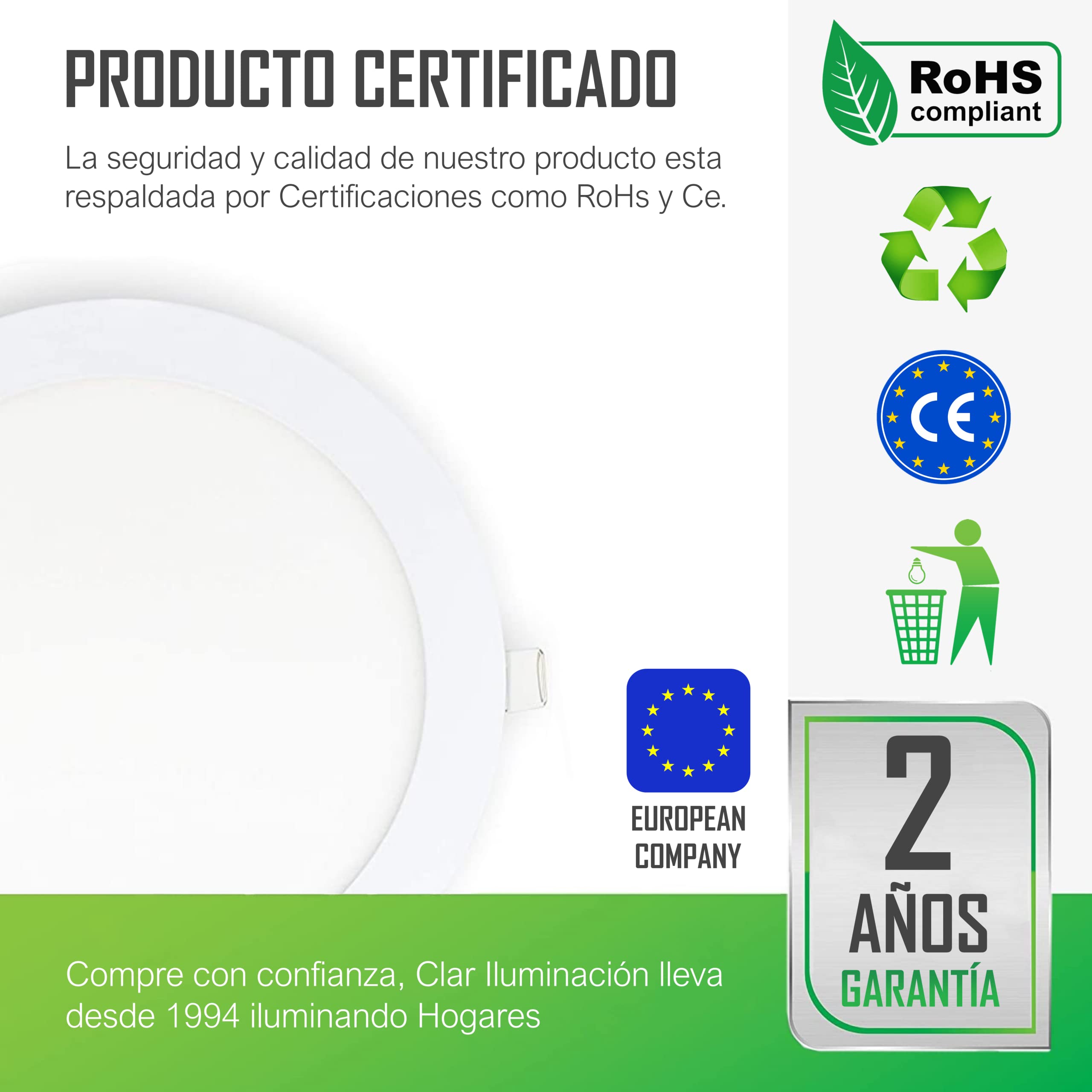 Downlight LED Techo Empotrable, Focos Interior Techo, Downlight LED 220mm, Focos Empotrables, 20W 6500ºK* (Pack 2)