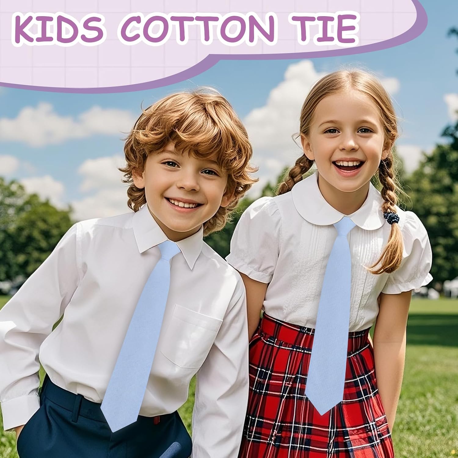 Cotton Boys Tie, Pre-tied Adjustable Kids Ties Solid Color Girls Necktie for School Uniforms Wedding Graduation Daily