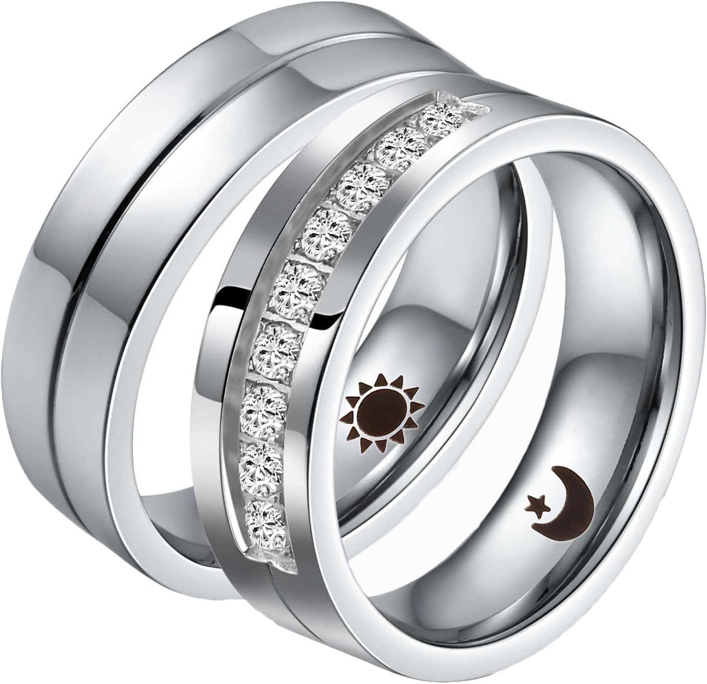 Aeici Matching Rings for Couples Stainless Steel 6Mm Width Cubic Zirconia Rings Wedding Sets Promise Ring for Women and Men