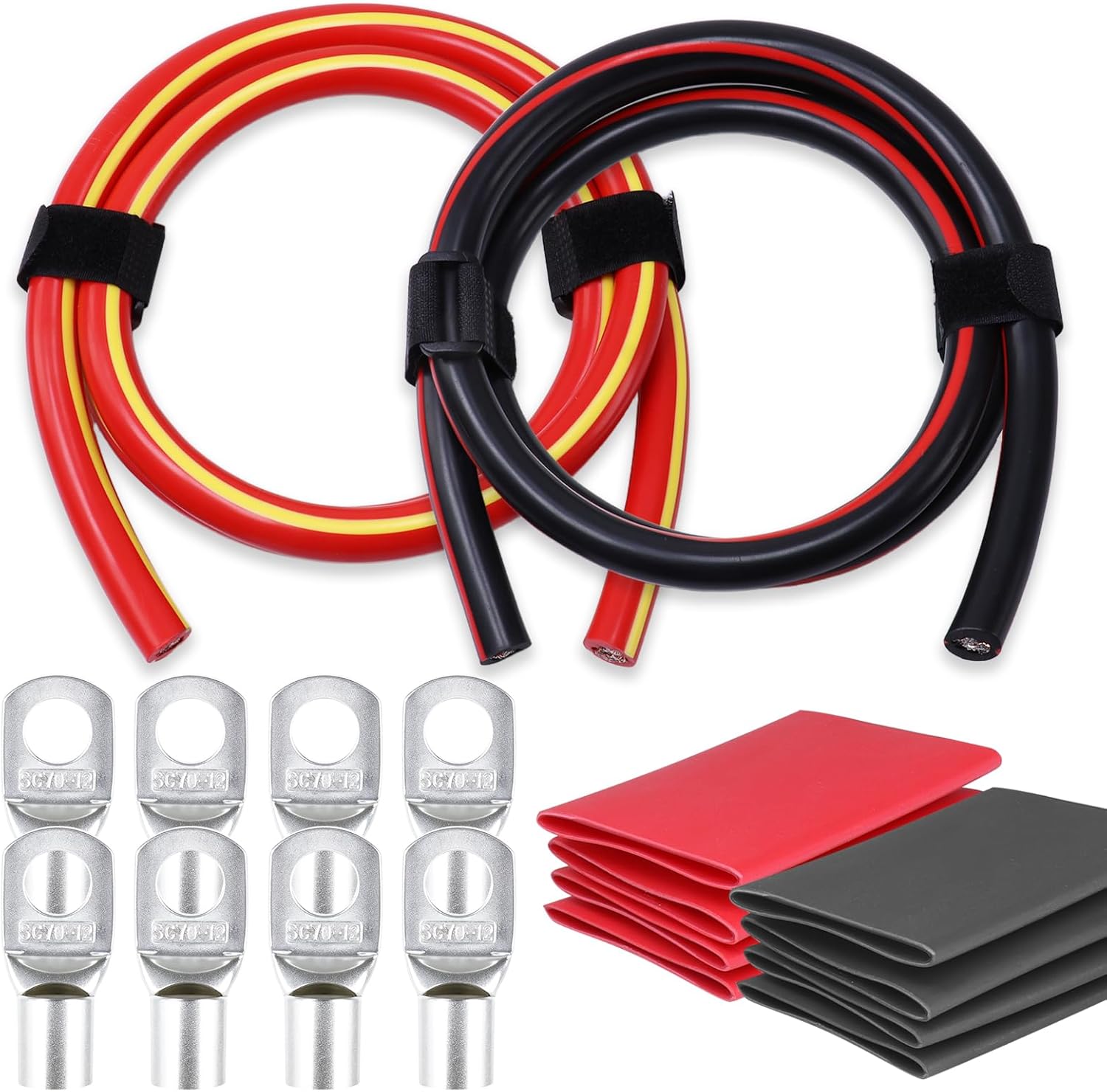 1/0 Gauge Battery Inverter Cable - 0 AWG Pair Automotive Power Wire Cables with SC Cable Lugs and Heatshrink Tubes for Solar, RV, Truck, Motorcycle (Black 4FT + Red 4FT)