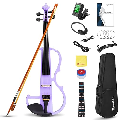 Vangoa Electric Violin 4/4 Full Size Silent Violin Set for Beginner Adults Teens, Solid Maple Wood Metallic Electronic Quite Violin with Ebony Fittings, Purple - 4/4 - Purple