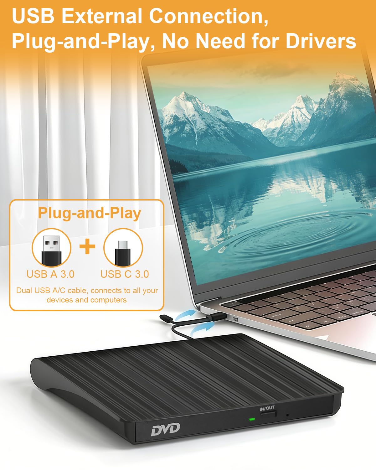 External CD DVD Drive USB Portable Tray Loading Optical Drive DVD-ROM CD-ROM Reader for Laptop Desktop All-in-One Computer Compatible with Windows and Mac OS Black Brushed Dual Cable Design — view 3