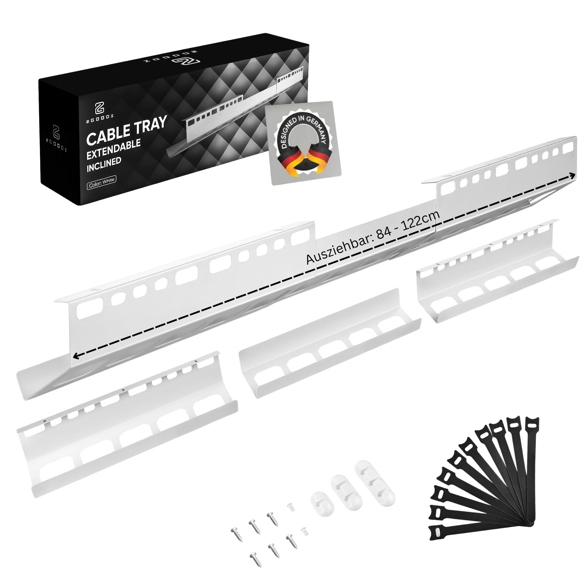 2GOODz Canalina per cavi da scrivania, inclinata/estensibile, 84-122 cm | Facile accesso: montaggio semplice, acciaio stabile, con accessori