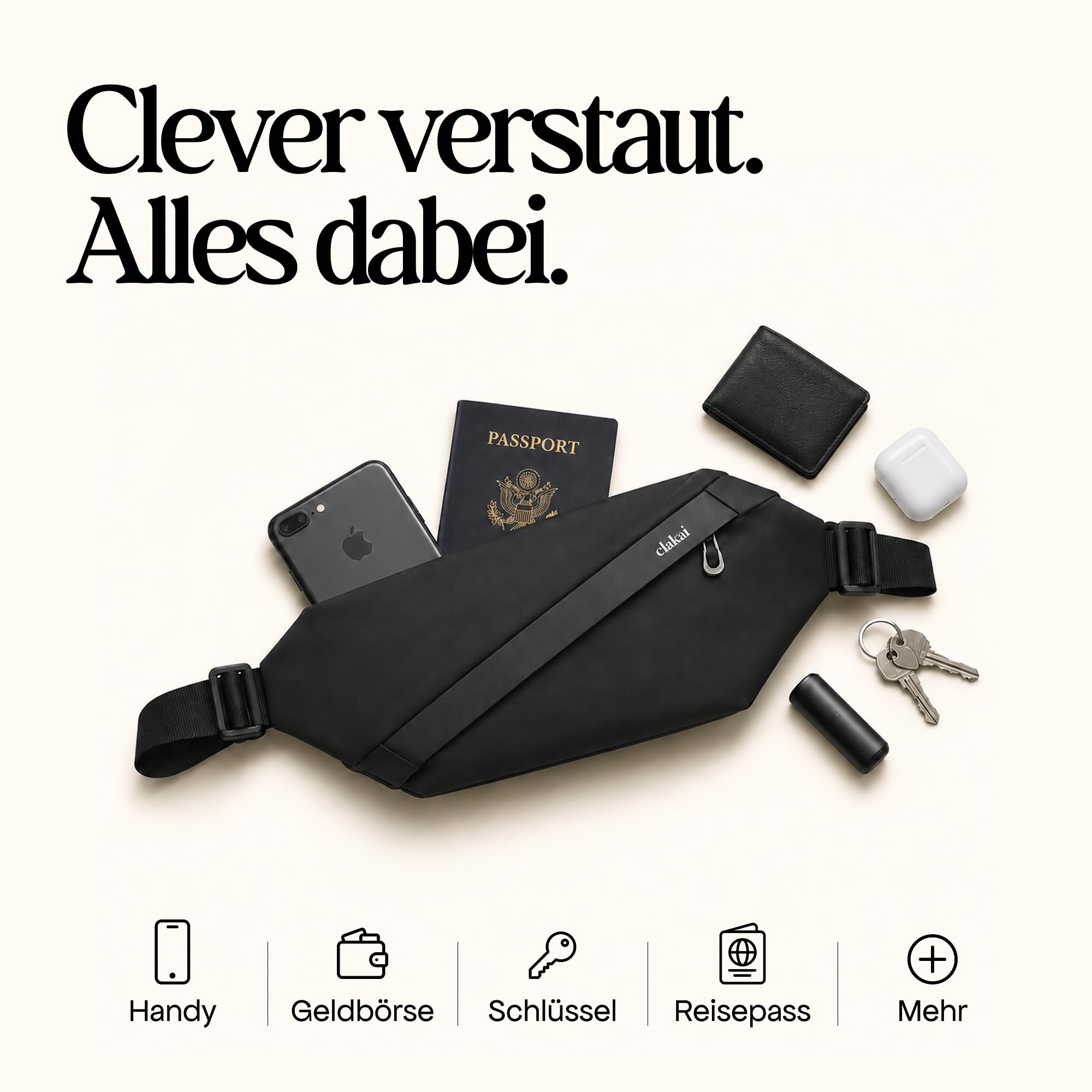 ELAKAI 3L Bauchtasche & Sling Bag Schwarz | Kleine Crossbody Bag Schultertasche für Damen Herren Männer | Anti-Diebstahl, Wasserdicht | Sport Festival Wandern Laufen