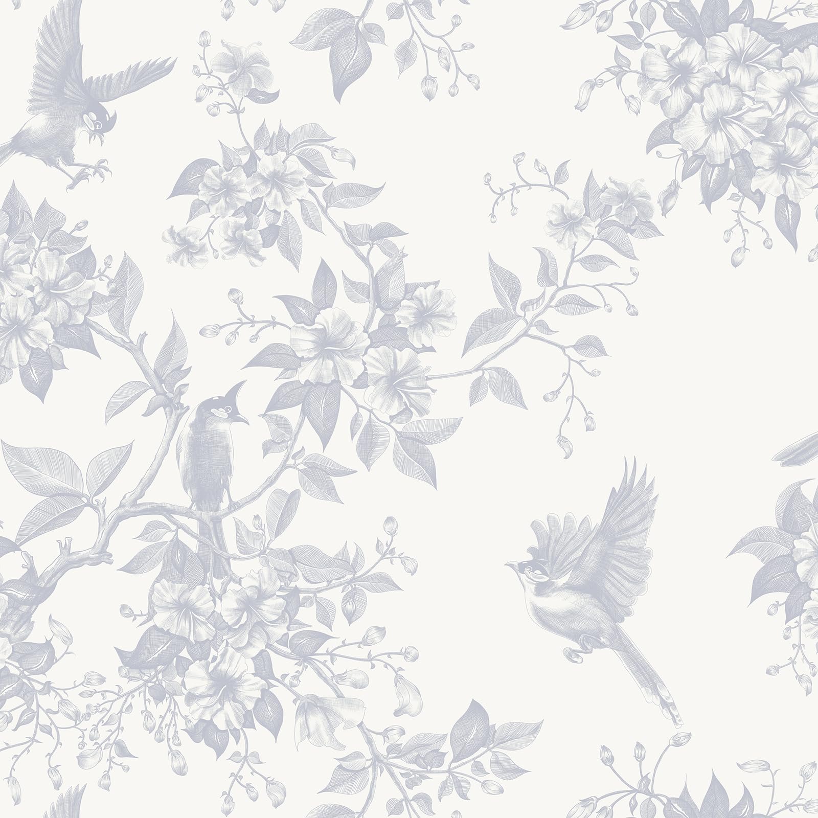 Papel tapiz autoadhesivo gris de 44 cm x 10 m con diseño de pájaros y flores, estilo vintage, impermeable, para muebles, para sala de estar, dormitorio, baño