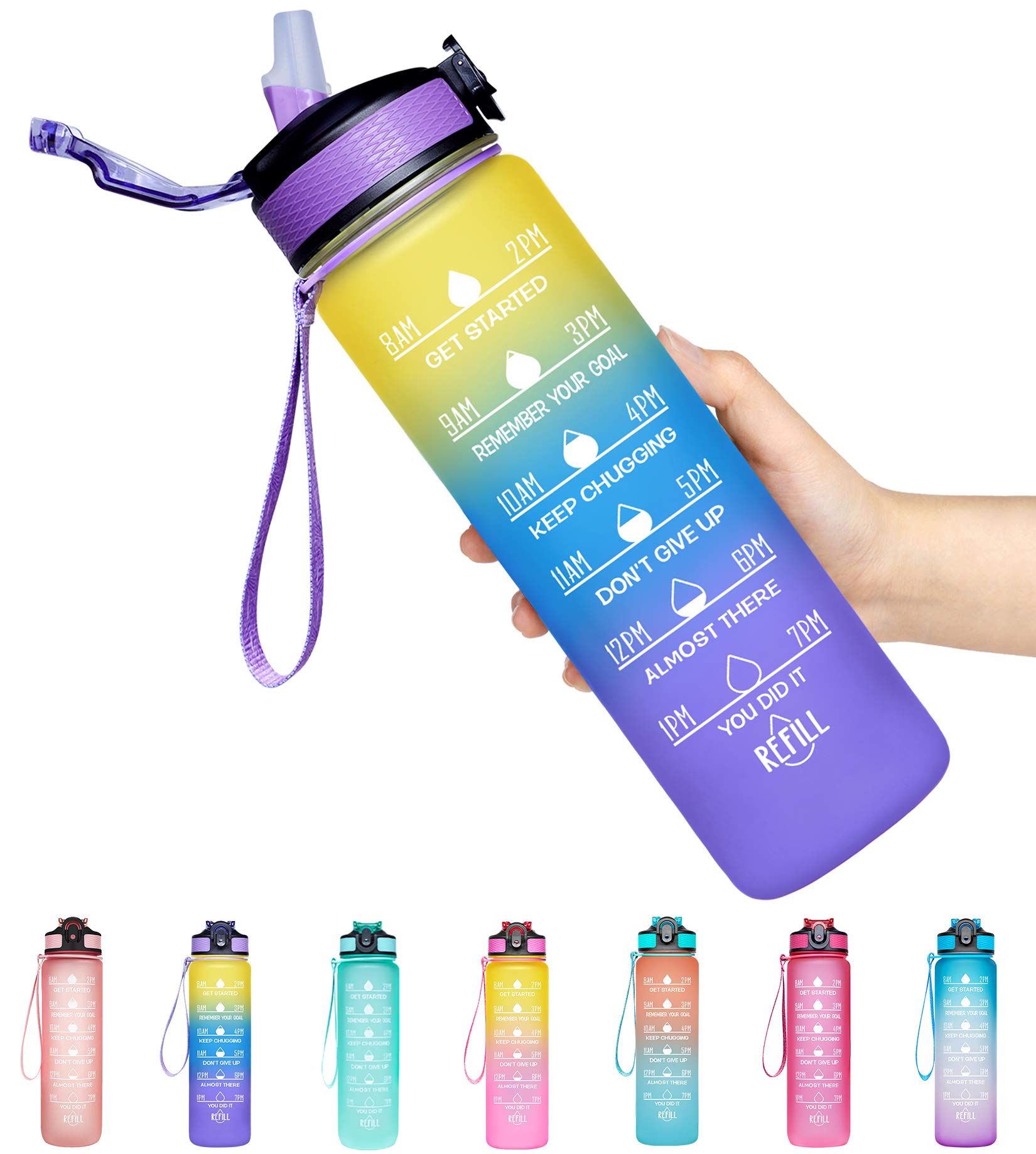 Giotto 32oz Large Leakproof BPA Free Drinking Water Bottle with Time Marker & Straw to Ensure You Drink Enough Water Throughout The Day for Fitness and Outdoor Enthusiasts-Ombre Yellow Purple