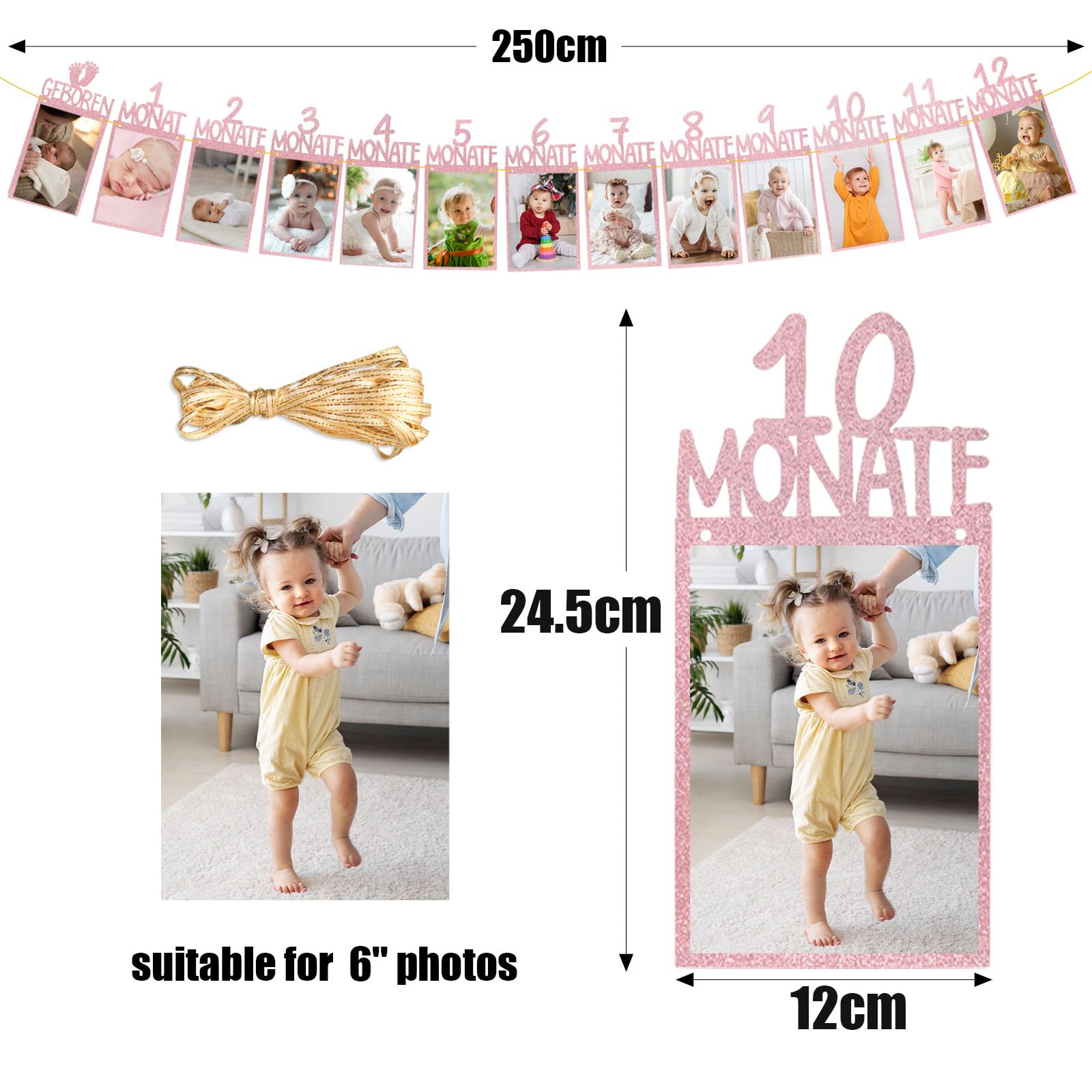 Foto Banner 1. Geburtstag Set - 13-teilige Fotogirlande Für Baby Monate 1-12 | Mit Goldenen Sternen