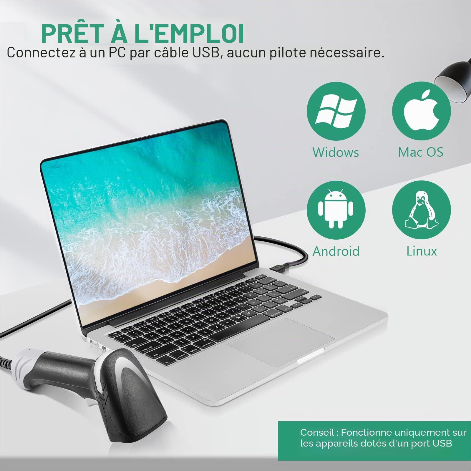 Scanner de Codes-Barres Filaire 2D QR, Lecteur de Codes-Barres Portable, Lecteur USB 1D, Lecteur de Code à Barres Plug and Play avec Lecture Rapide, Design Ergonomique - Portable