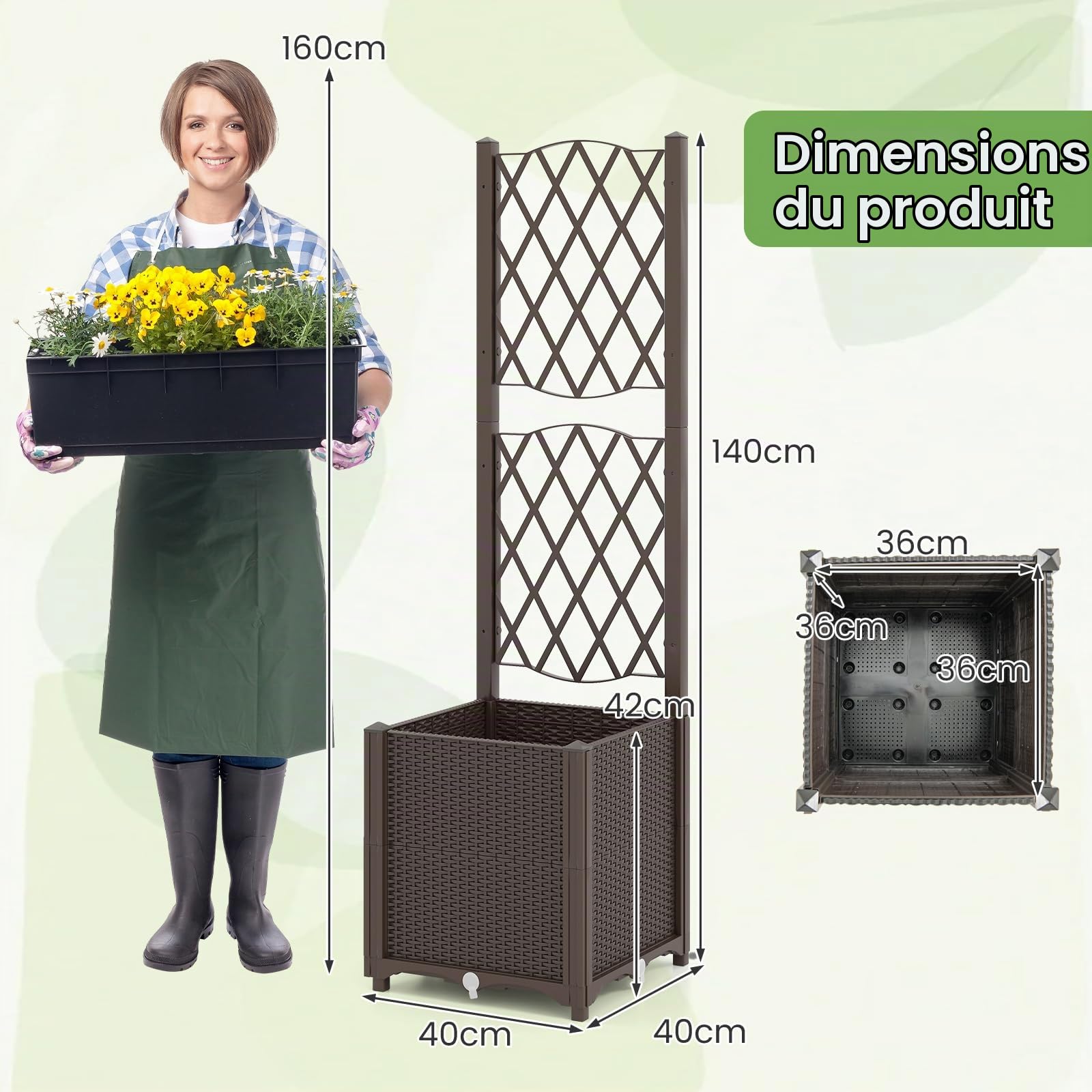 RELAX4LIFE Jardinière Surélevé avec Treillis 140CM avec 2 Bac à Fleurs, Disque Auto-Arrosant, Trous de Drainage pour Plantes Grimpantes Légumes Fleur pour Jardin Terrasse Balcon (Marron,40x40x140cm)